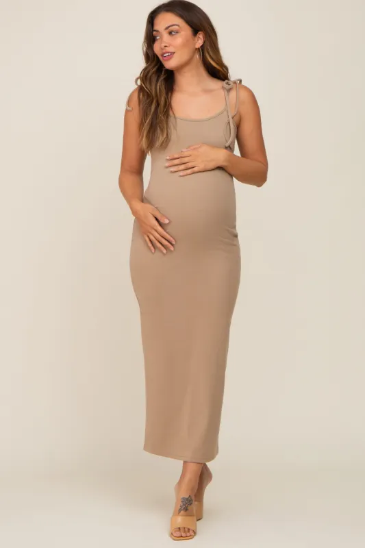 Taupe Soft Knit Shoulder Tie Maternity Maxi Dress sold by Pinkblush