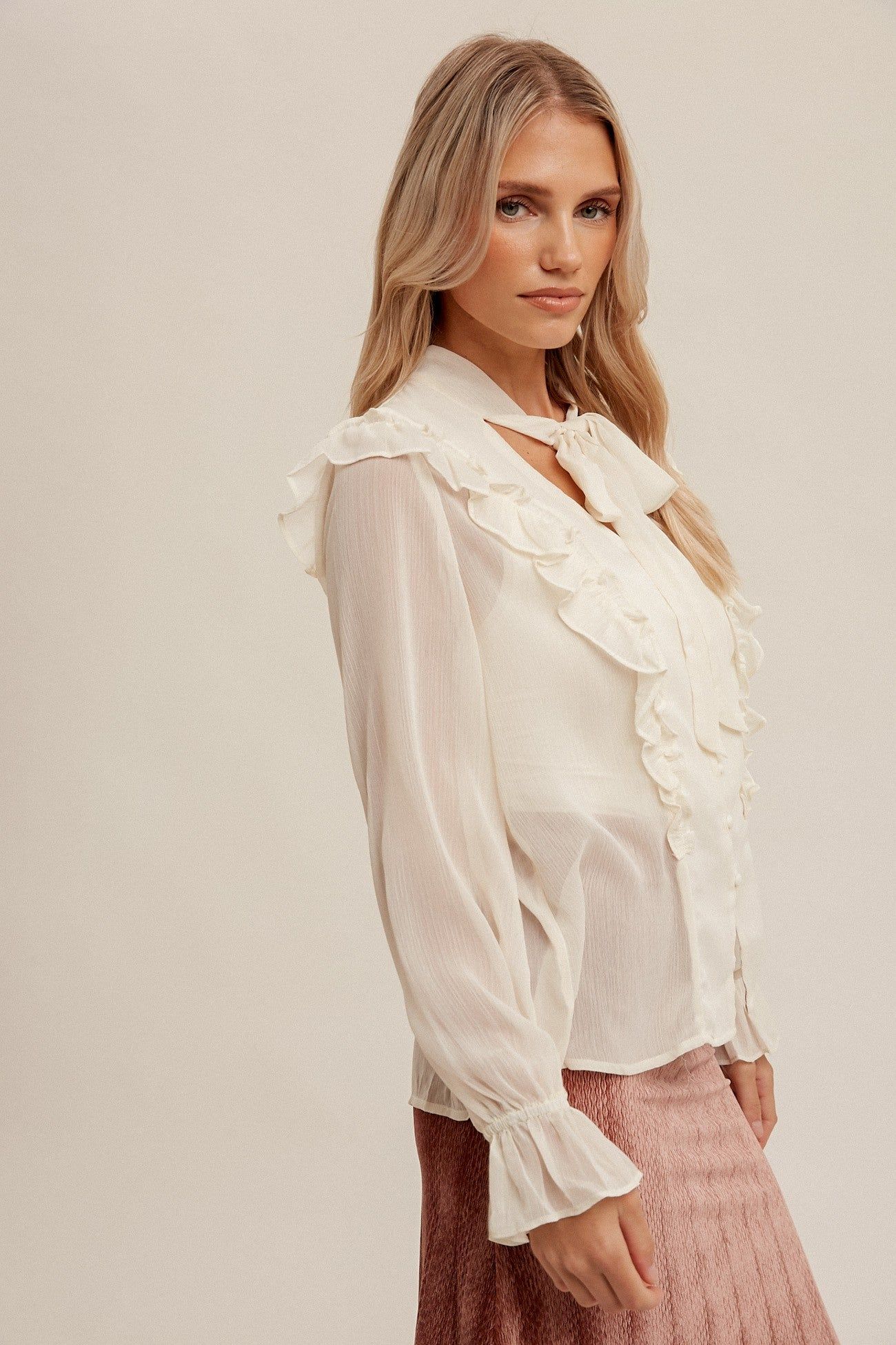 Cream Front Tied Ruffle Shirring Button Up Chiffon sold by Pinkblush product image thumbnail 2
