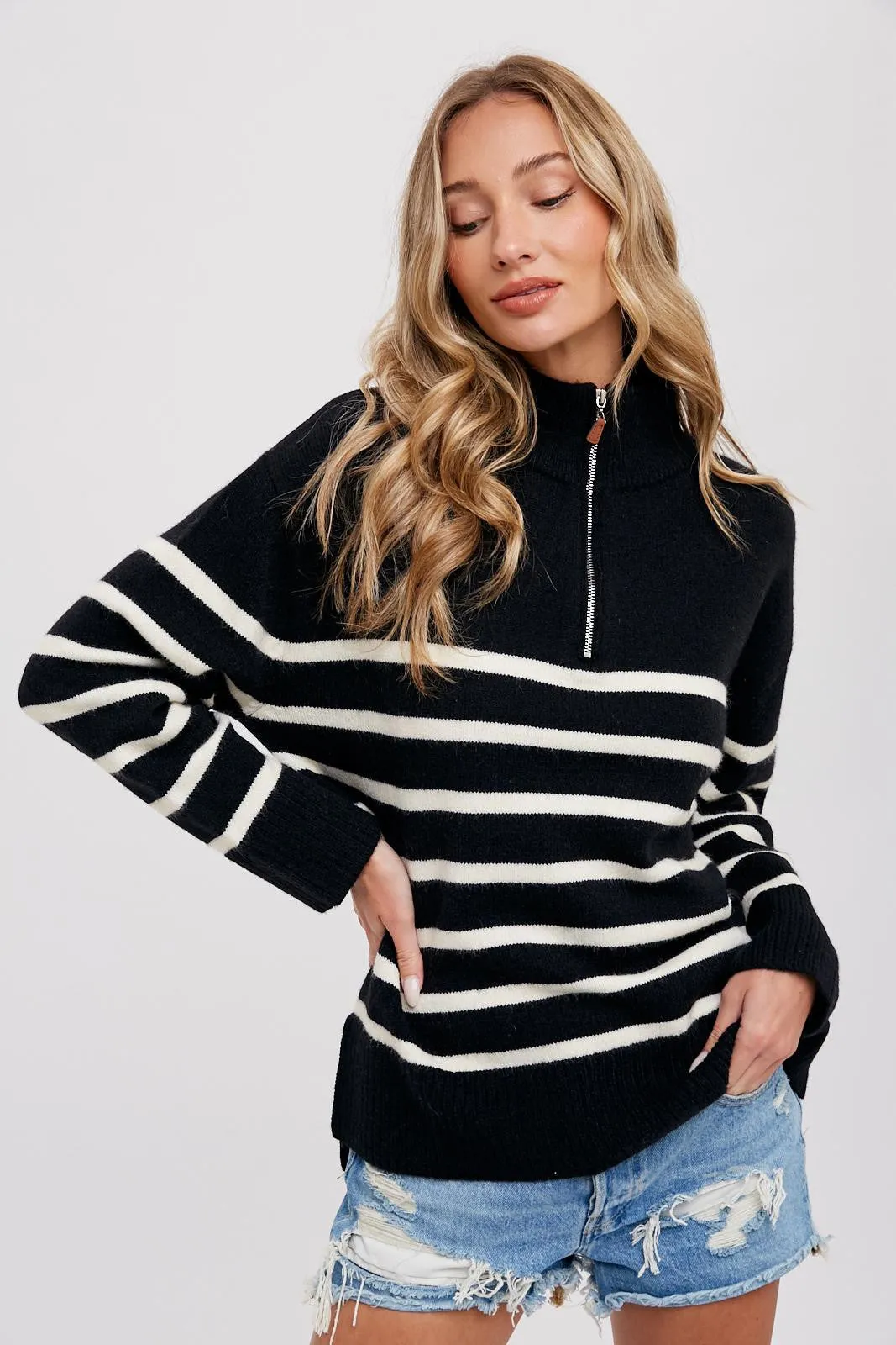 Black Striped Half Zip Sweater sold by Pinkblush
