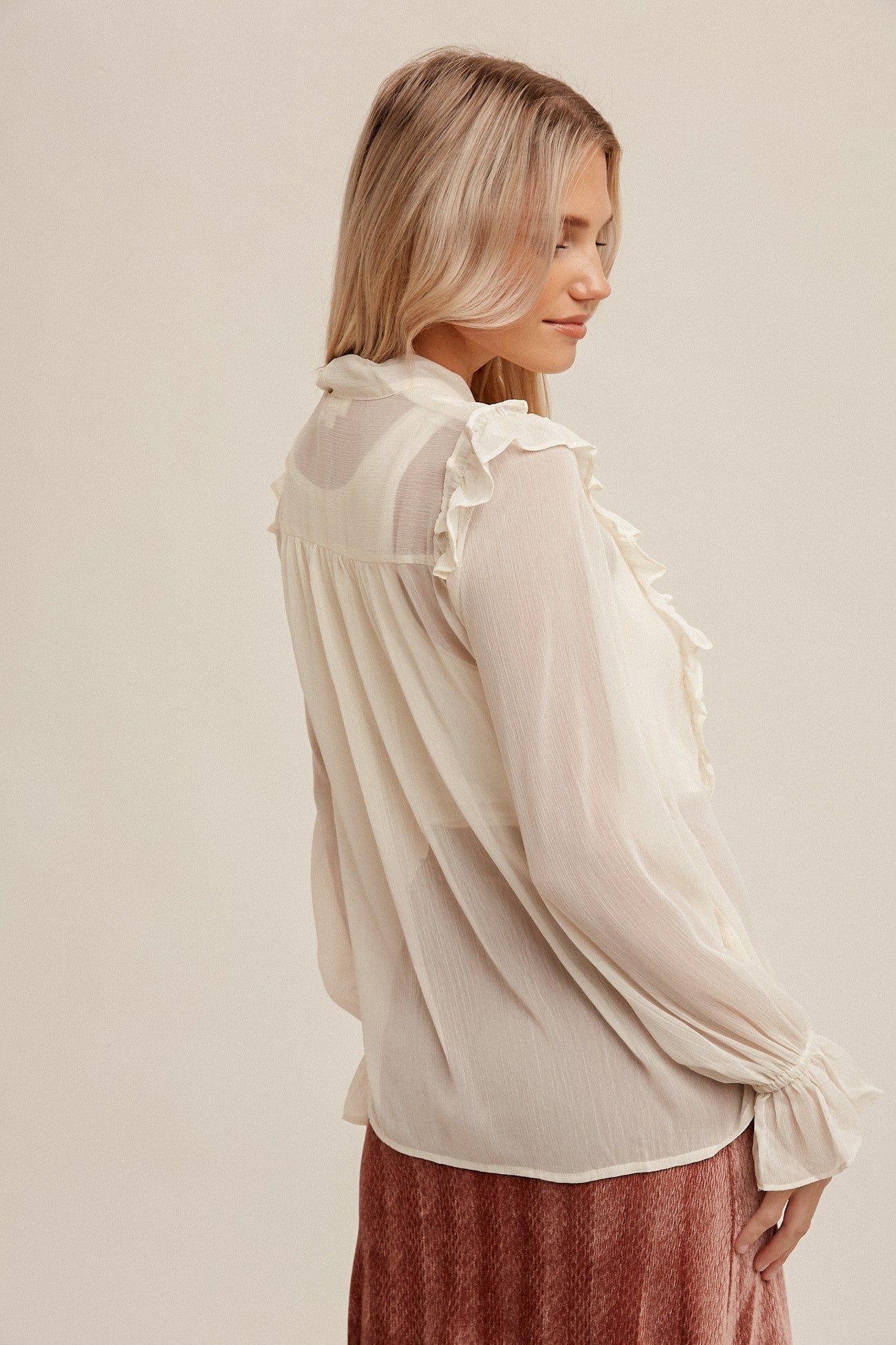 Cream Front Tied Ruffle Shirring Button Up Chiffon sold by Pinkblush product image thumbnail 3