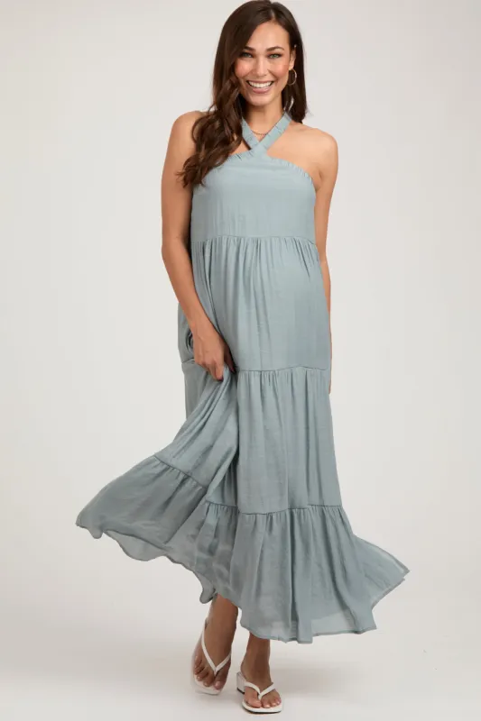 Light Blue Halter Tiered Maternity Maxi Dress sold by Pinkblush