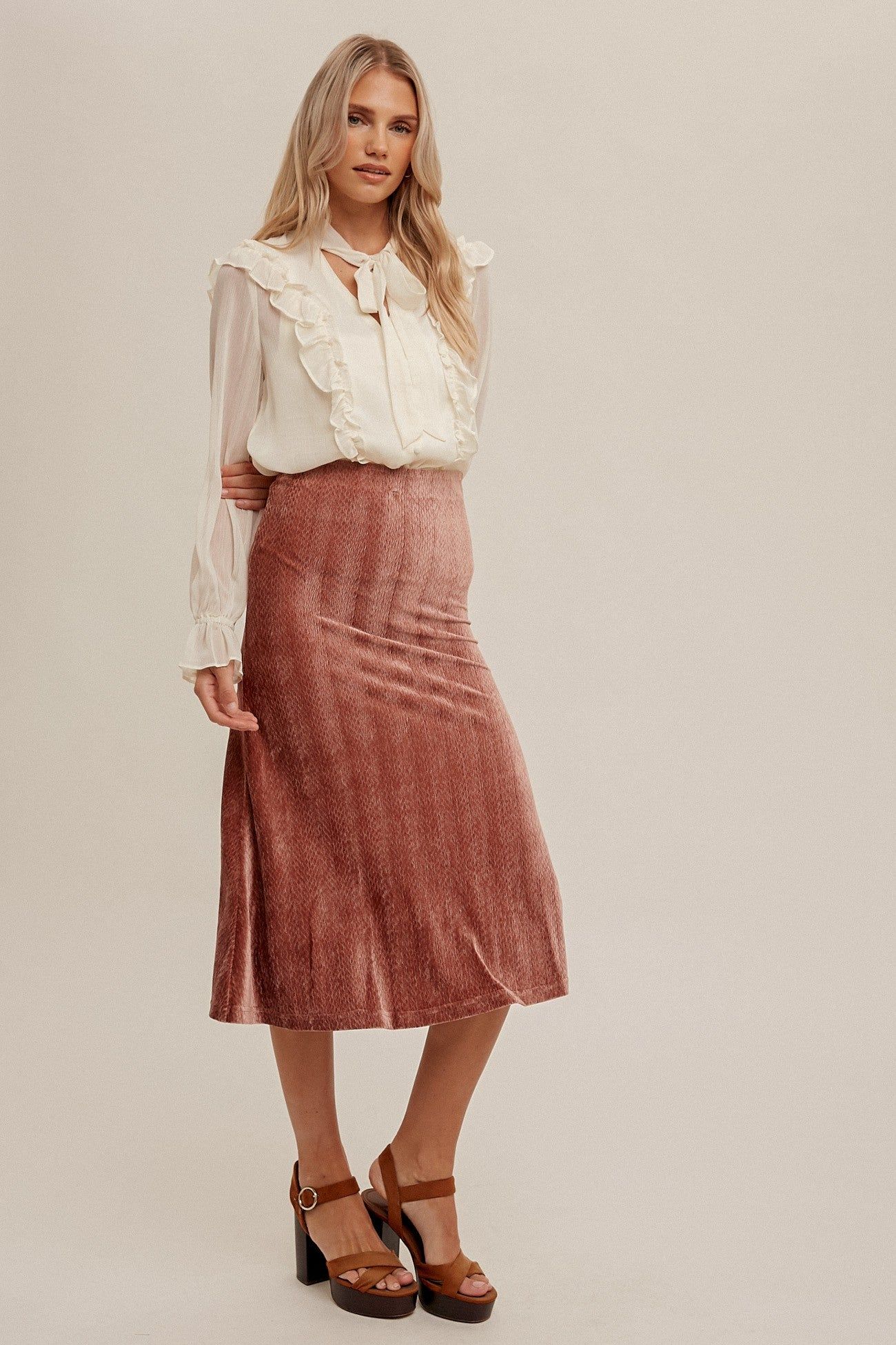 Cream Front Tied Ruffle Shirring Button Up Chiffon sold by Pinkblush product image thumbnail 4