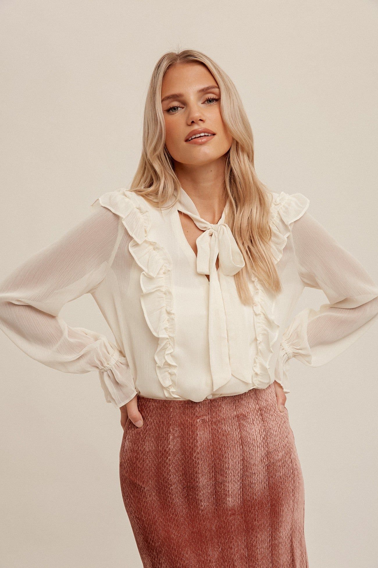 Cream Front Tied Ruffle Shirring Button Up Chiffon sold by Pinkblush