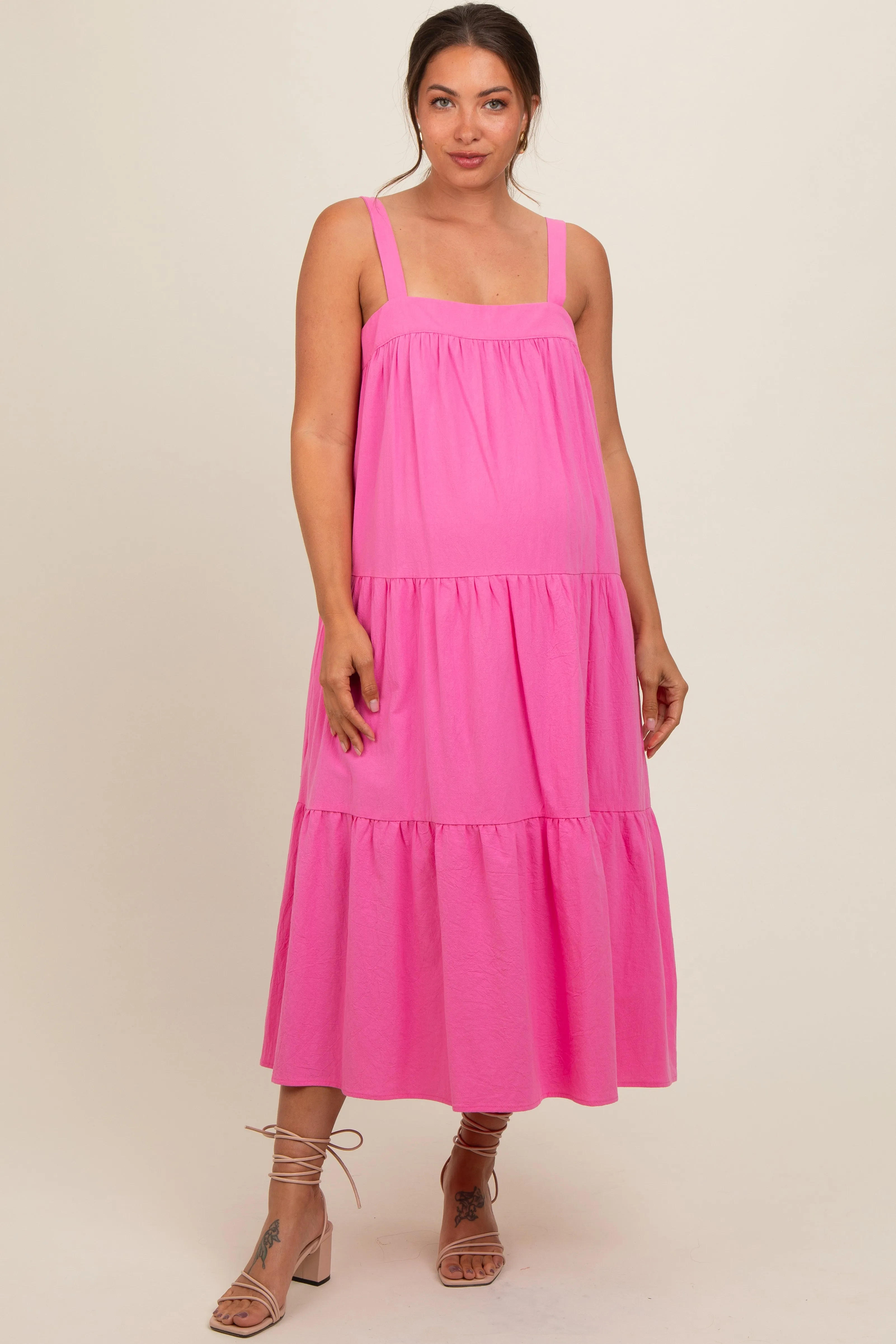 Pink Tiered Maternity Midi Dress sold by Pinkblush