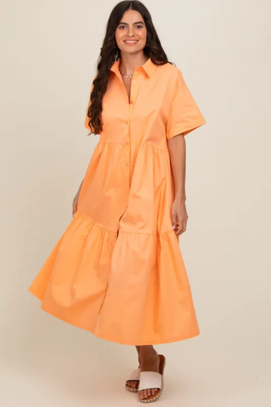 Orange Tiered Button Down Midi Dress sold by Pinkblush