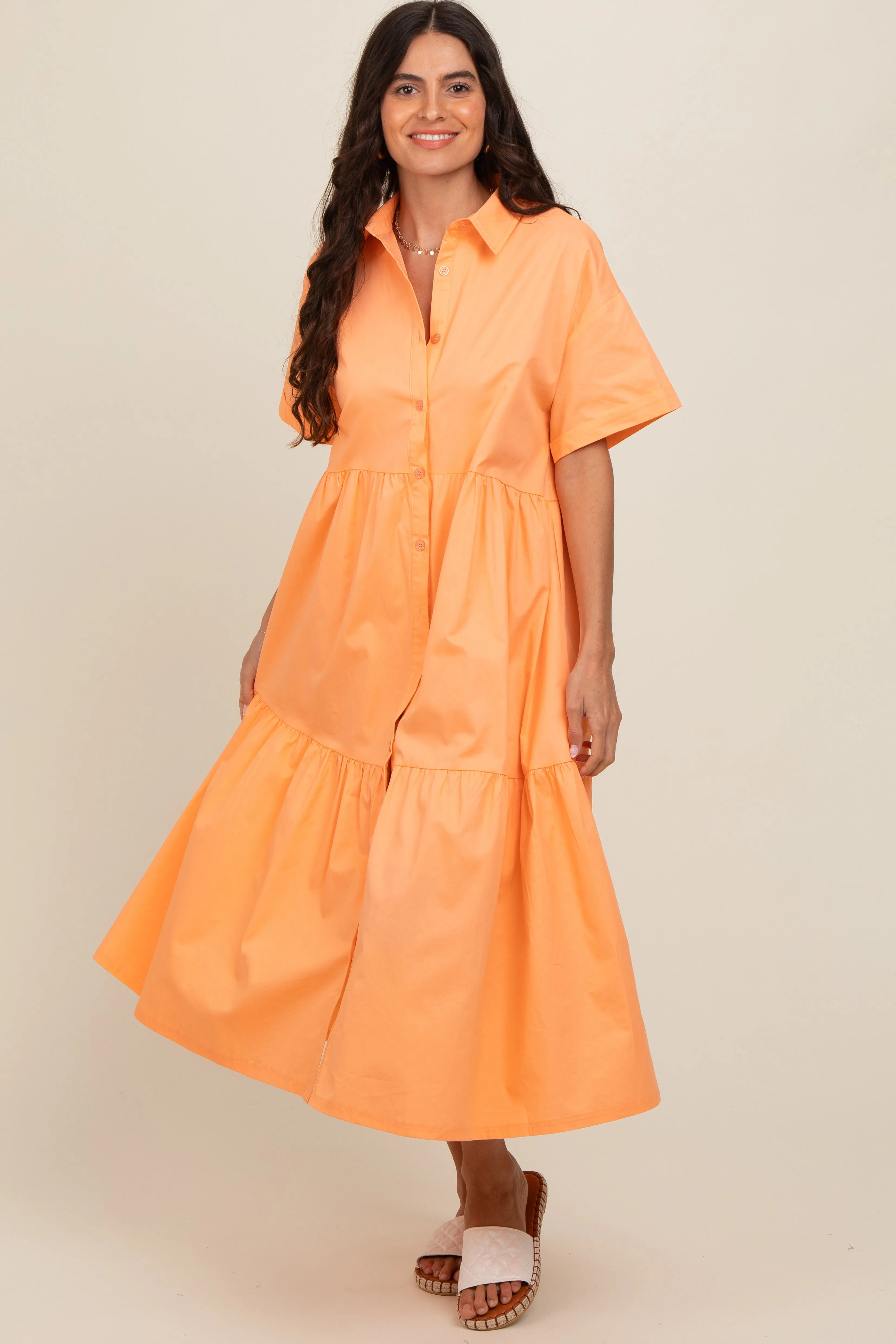 Orange Tiered Button Down Midi Dress sold by Pinkblush