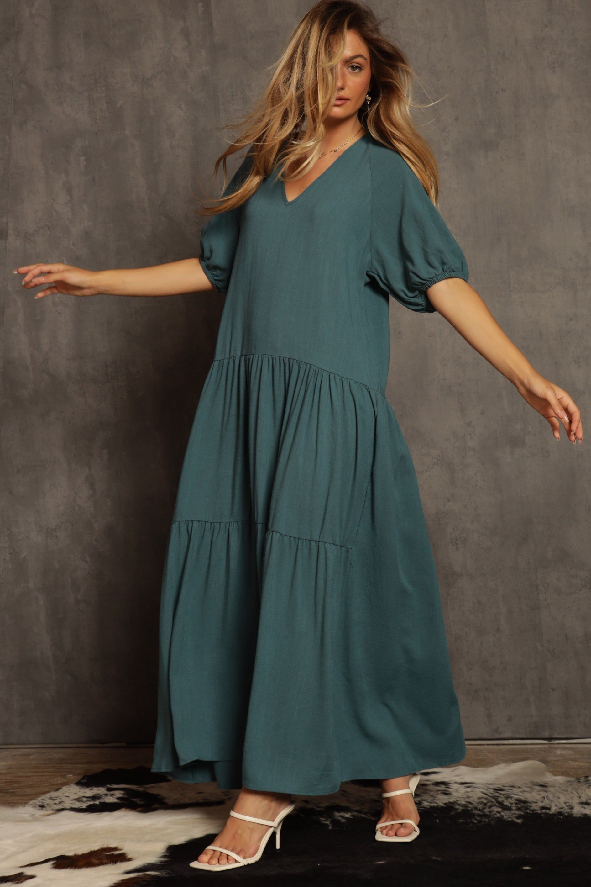 Turquoise Linen Tiered Dress sold by Pinkblush product image thumbnail 2