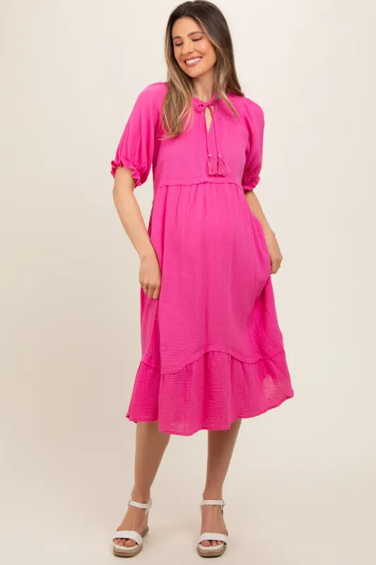 Pink Tassel Tie Maternity Midi Dress sold by Pinkblush