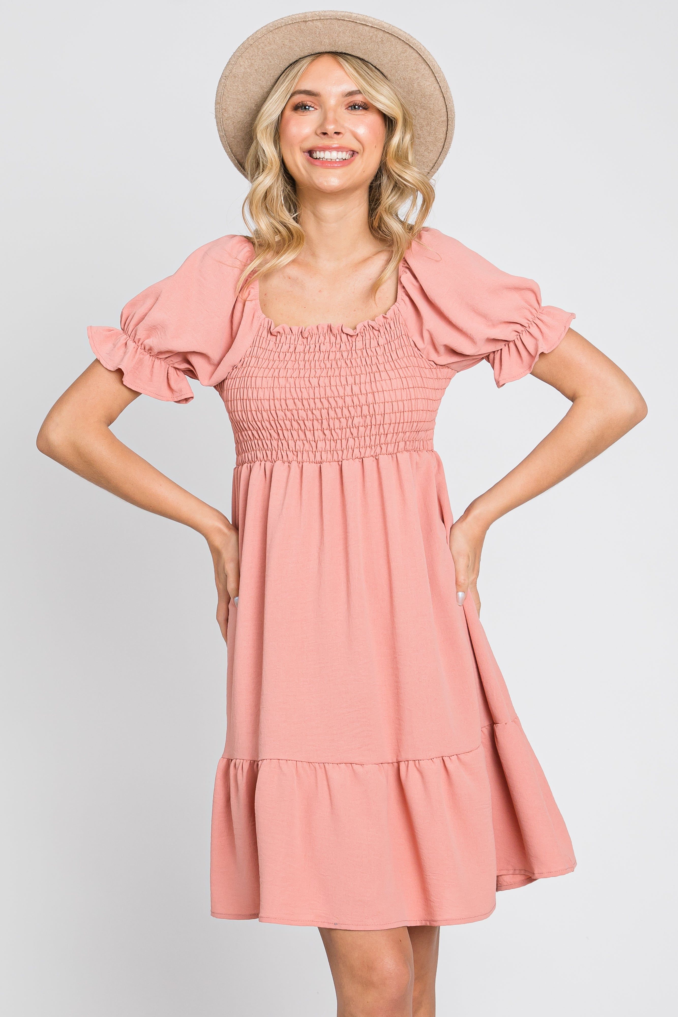Coral Smocked Ruffle Trim Dress sold by Pinkblush