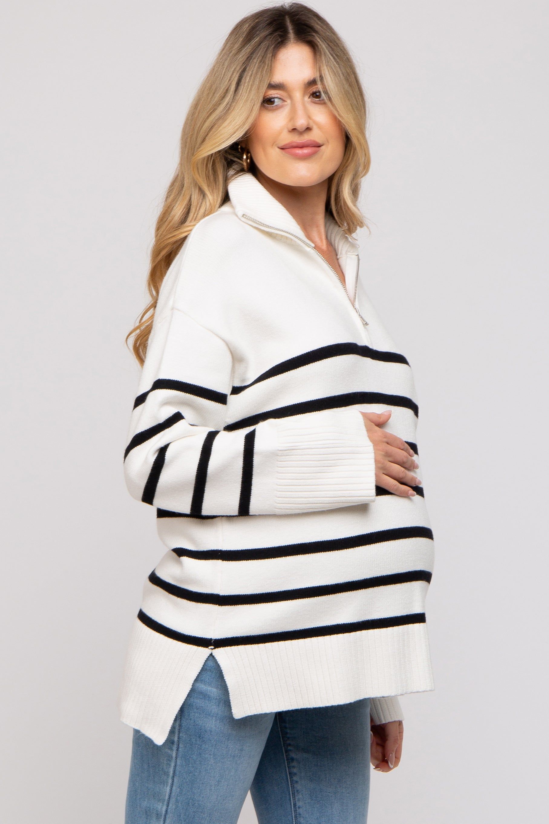 Black Striped Half Zip Maternity Knit Pullover sold by Pinkblush product image thumbnail 2