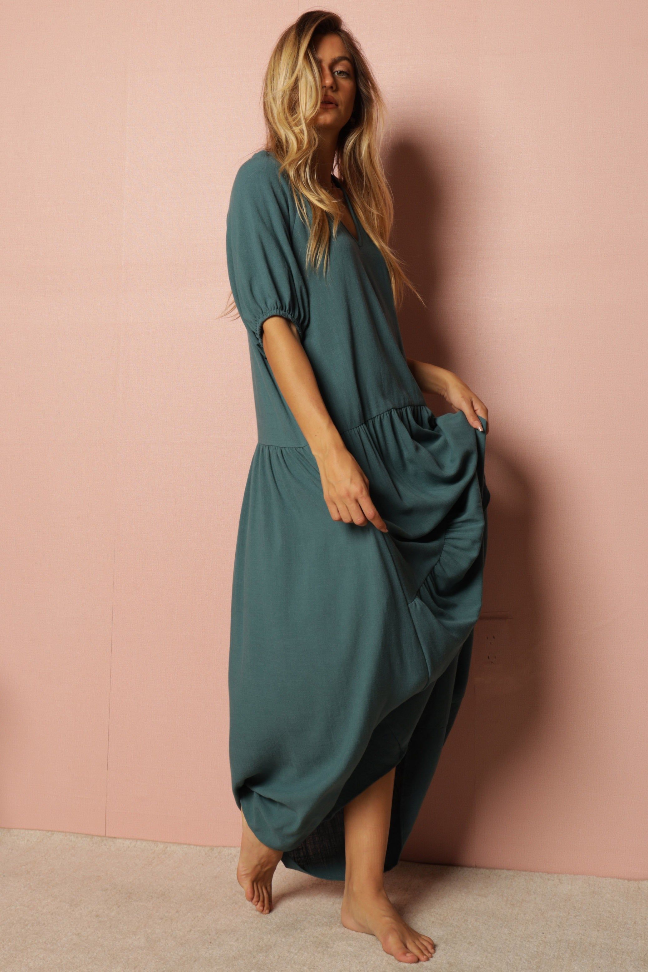 Turquoise Linen Tiered Dress sold by Pinkblush product image thumbnail 3