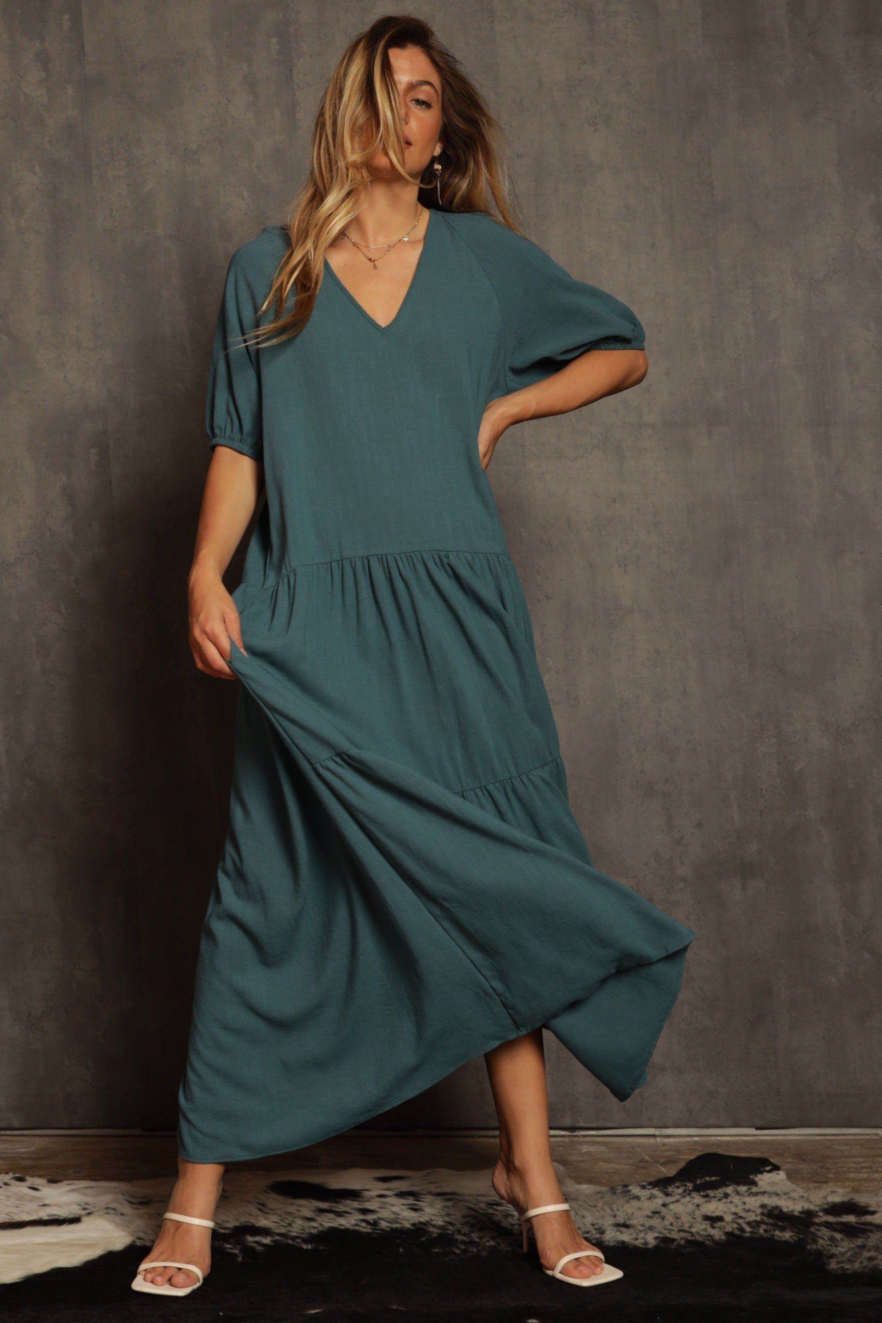 Turquoise Linen Tiered Dress sold by Pinkblush