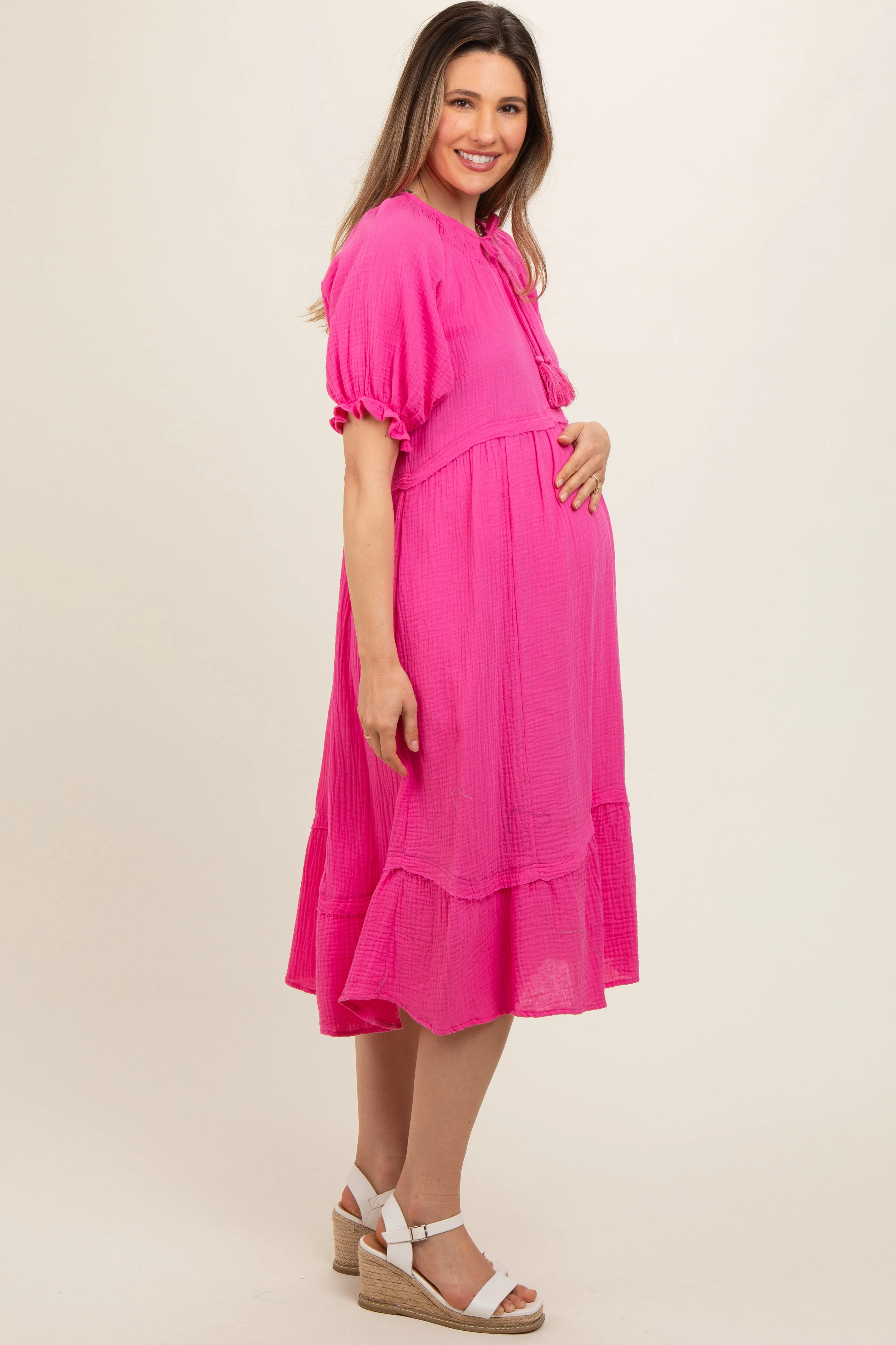 Pink Tassel Tie Maternity Midi Dress sold by Pinkblush product image thumbnail 3