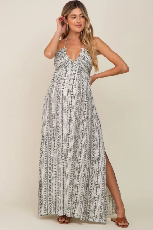 Ivory Halter Printed Side Slit Maternity Maxi Dress sold by Pinkblush