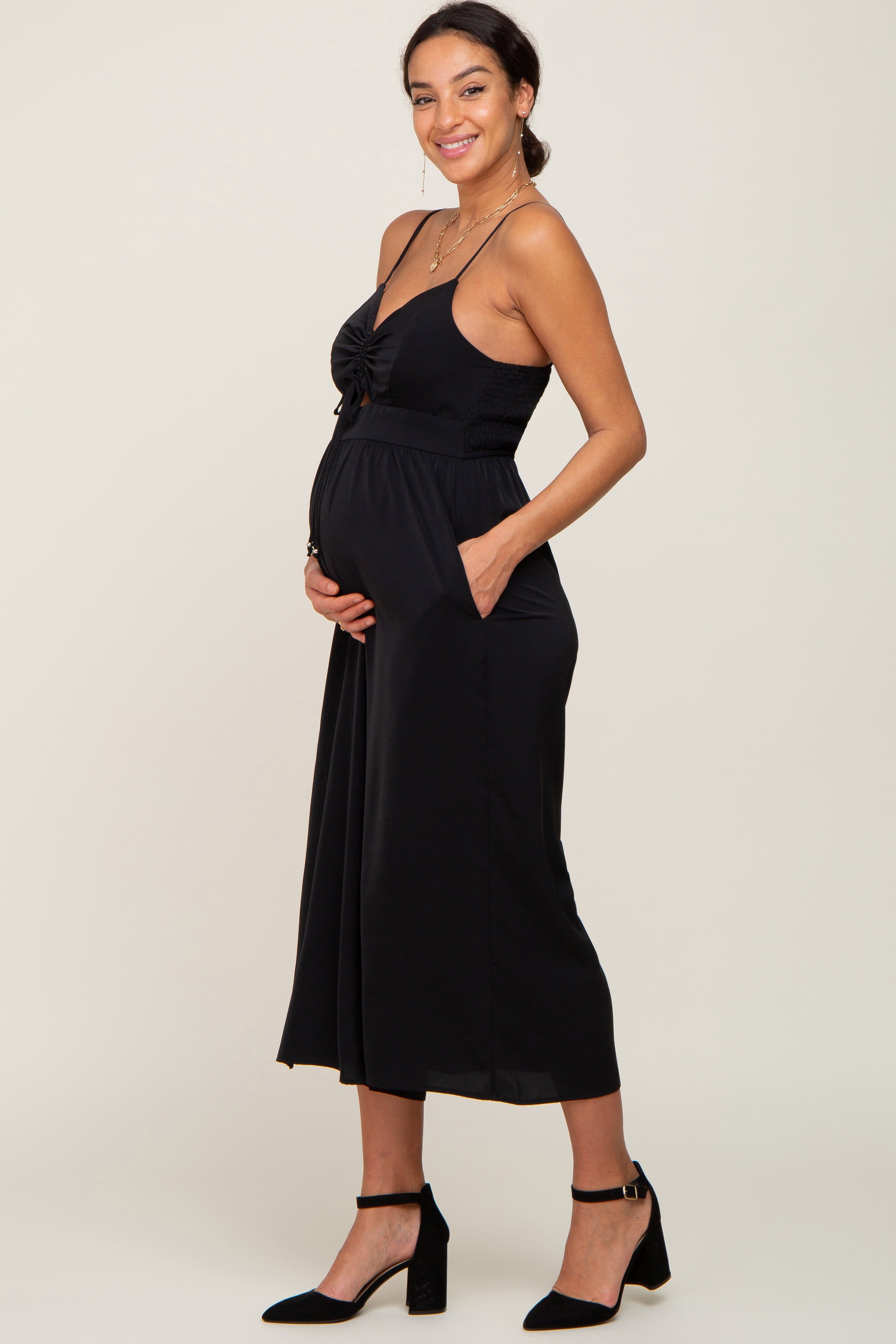 Black Sleeveless Ruched Drawstring Maternity Jumpsuit sold by Pinkblush product image thumbnail 2