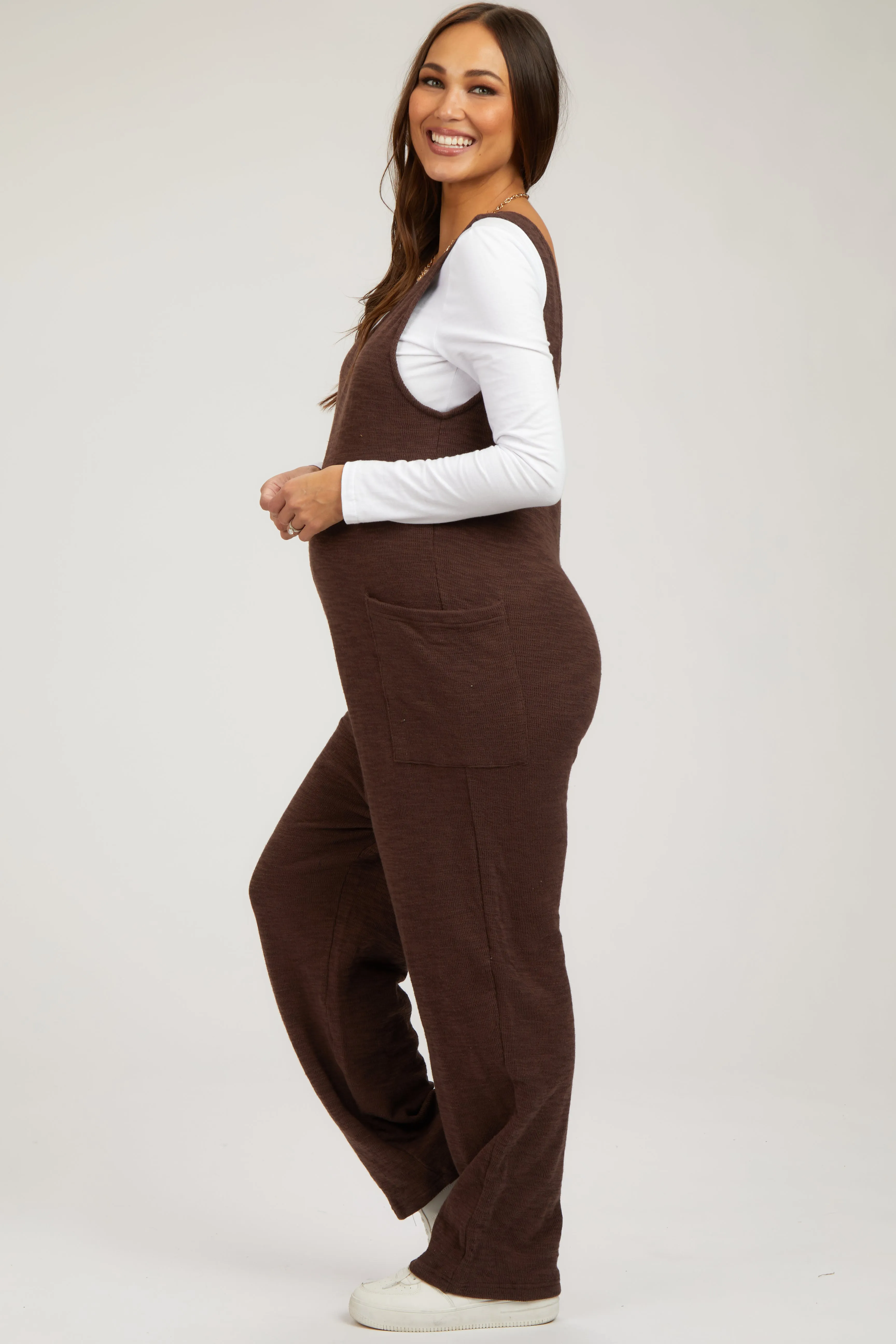 Brown Scoop Neck Sleeveless Maternity Jumpsuit sold by Pinkblush product image thumbnail 2