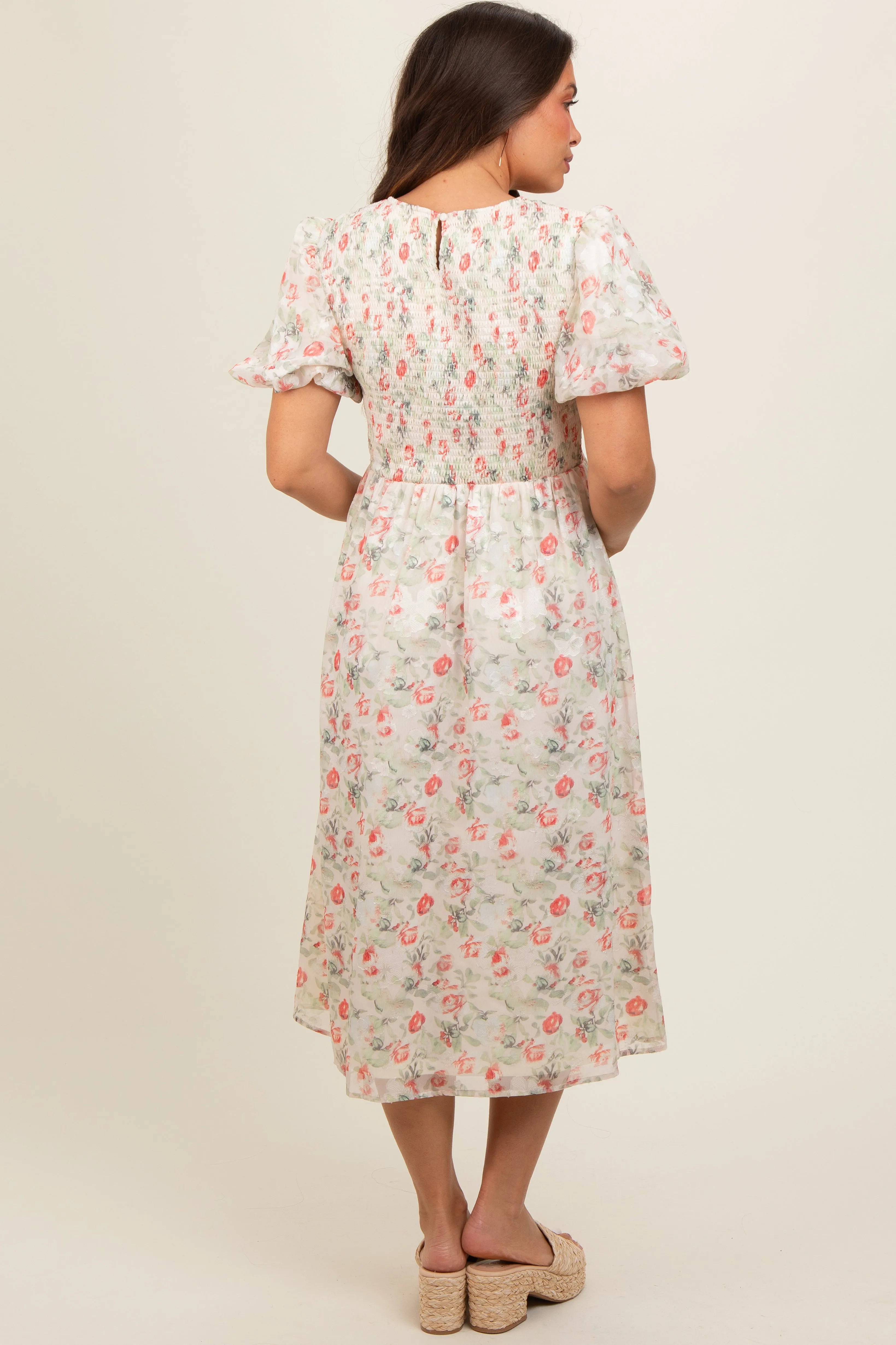 Cream Floral Smocked Puff Sleeve Maternity Midi Dress sold by Pinkblush product image thumbnail 4