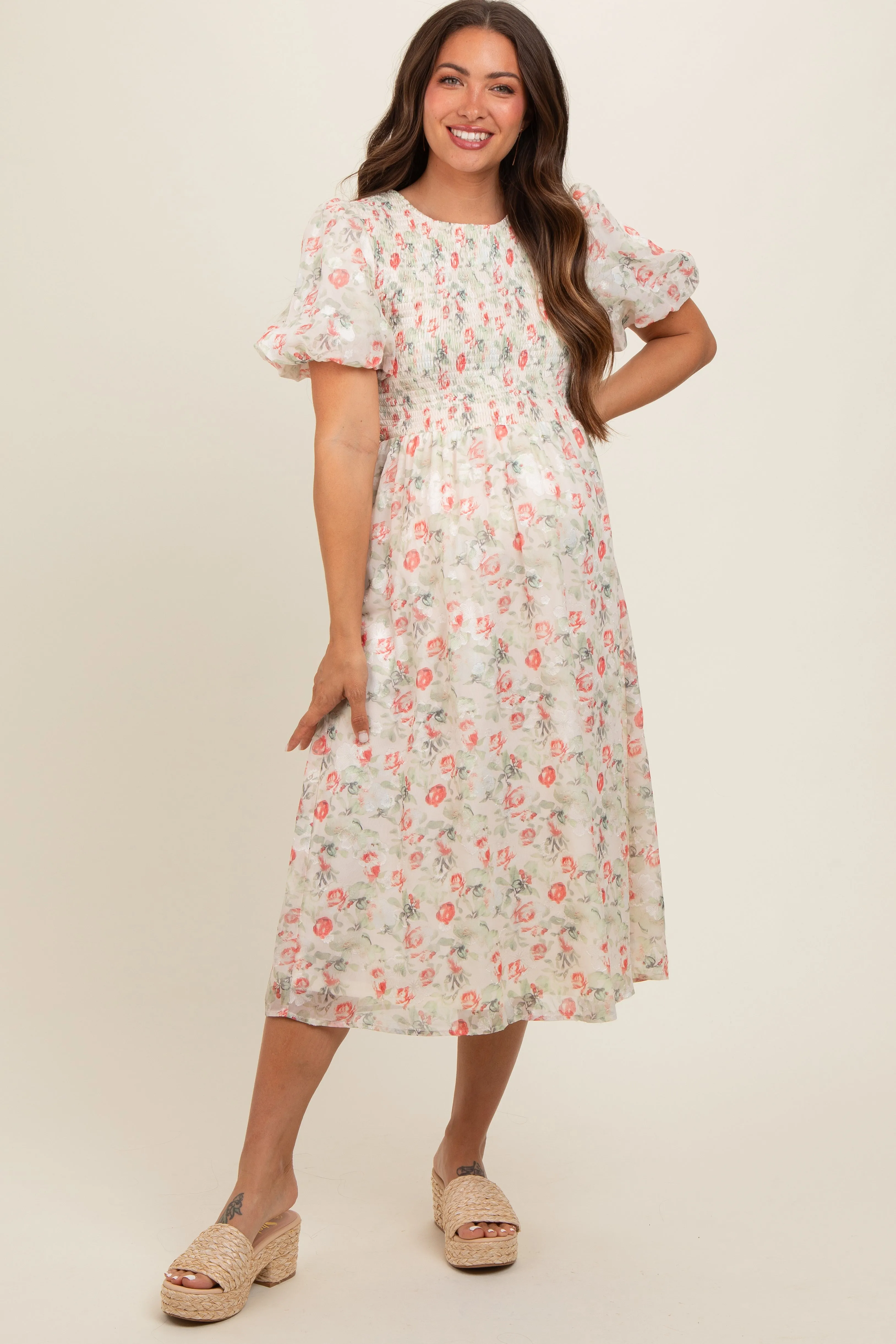 Cream Floral Smocked Puff Sleeve Maternity Midi Dress sold by Pinkblush