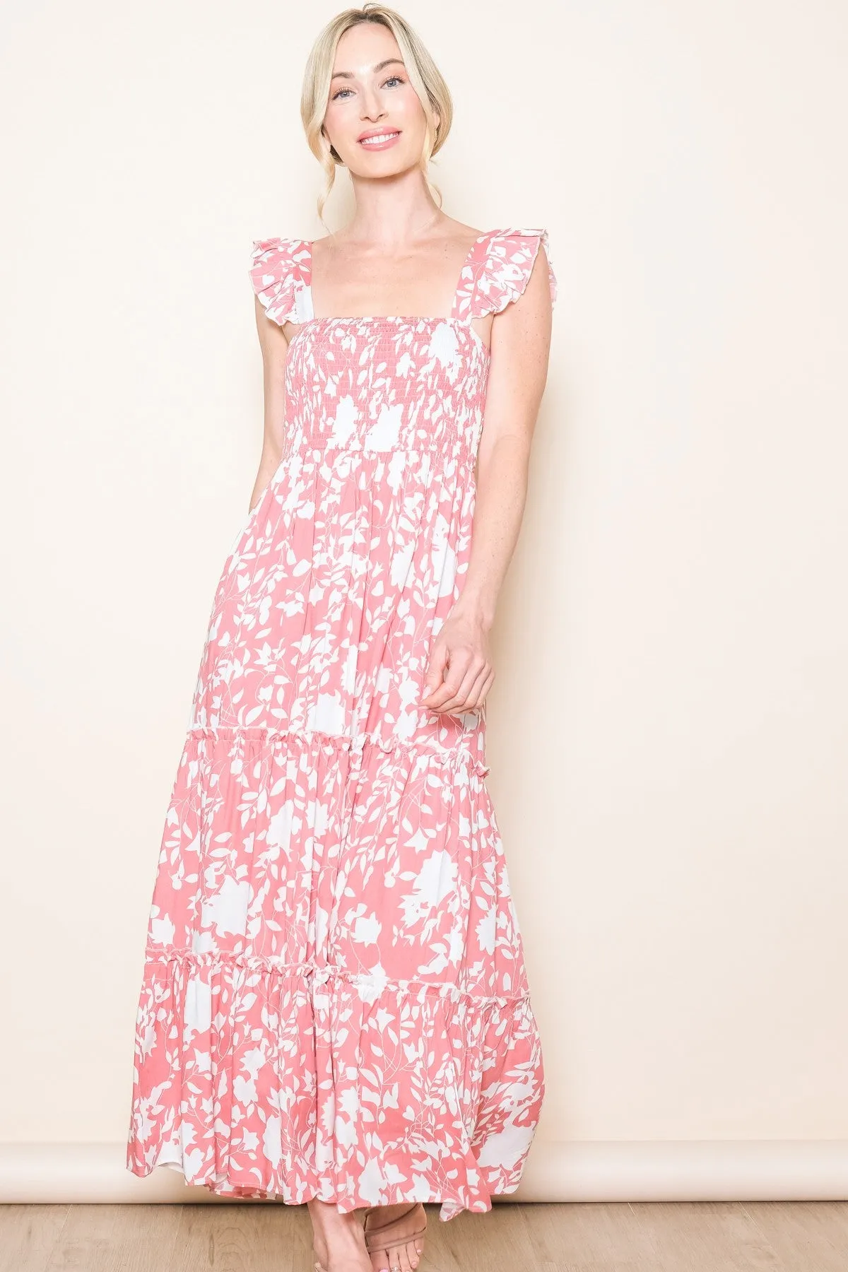 Coral Ruffle Sleeve Tiered Maternity Maxi Dress sold by Pinkblush product image thumbnail 5