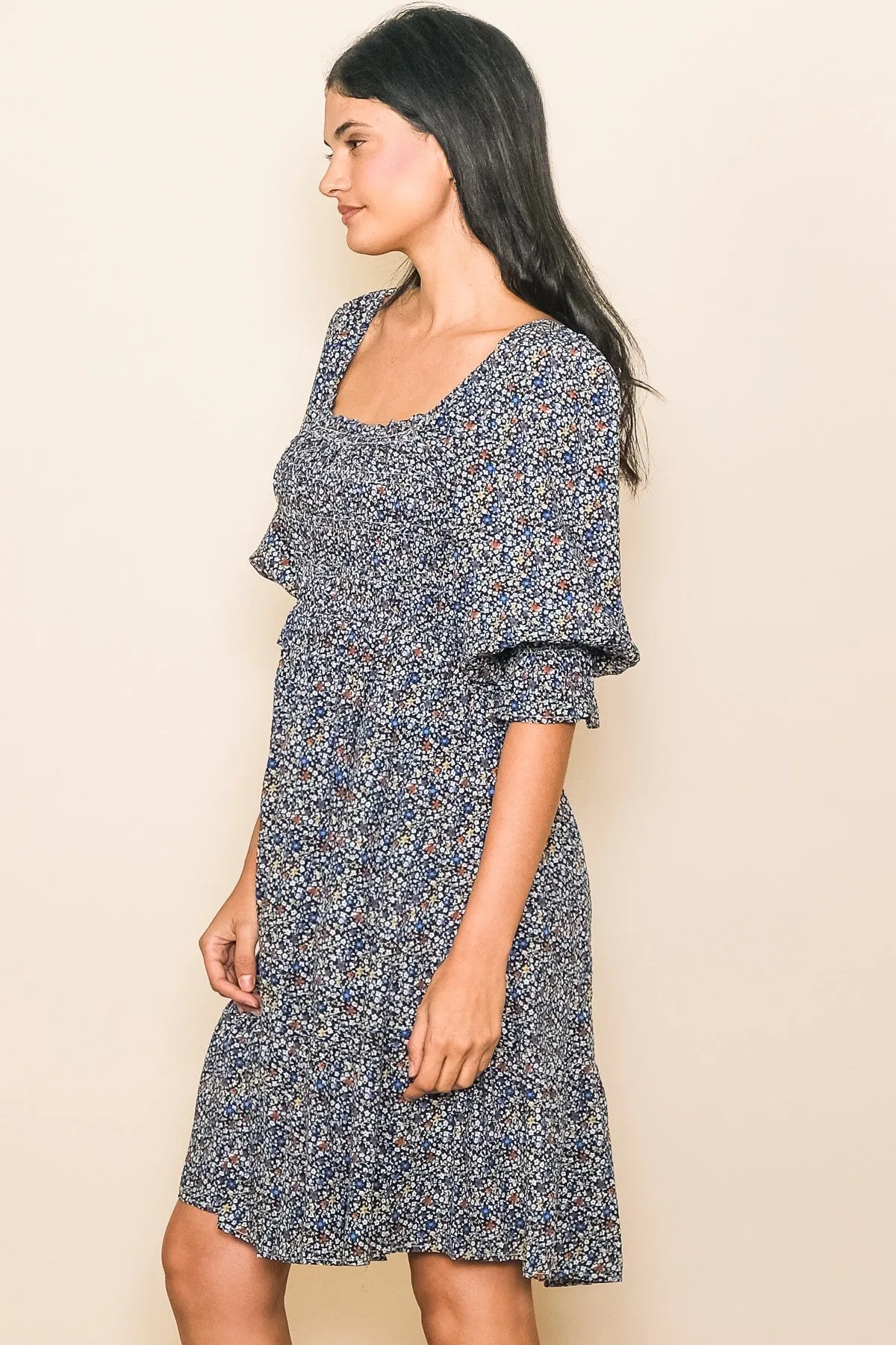Navy Blue Floral Smocked Dress sold by Pinkblush product image thumbnail 2