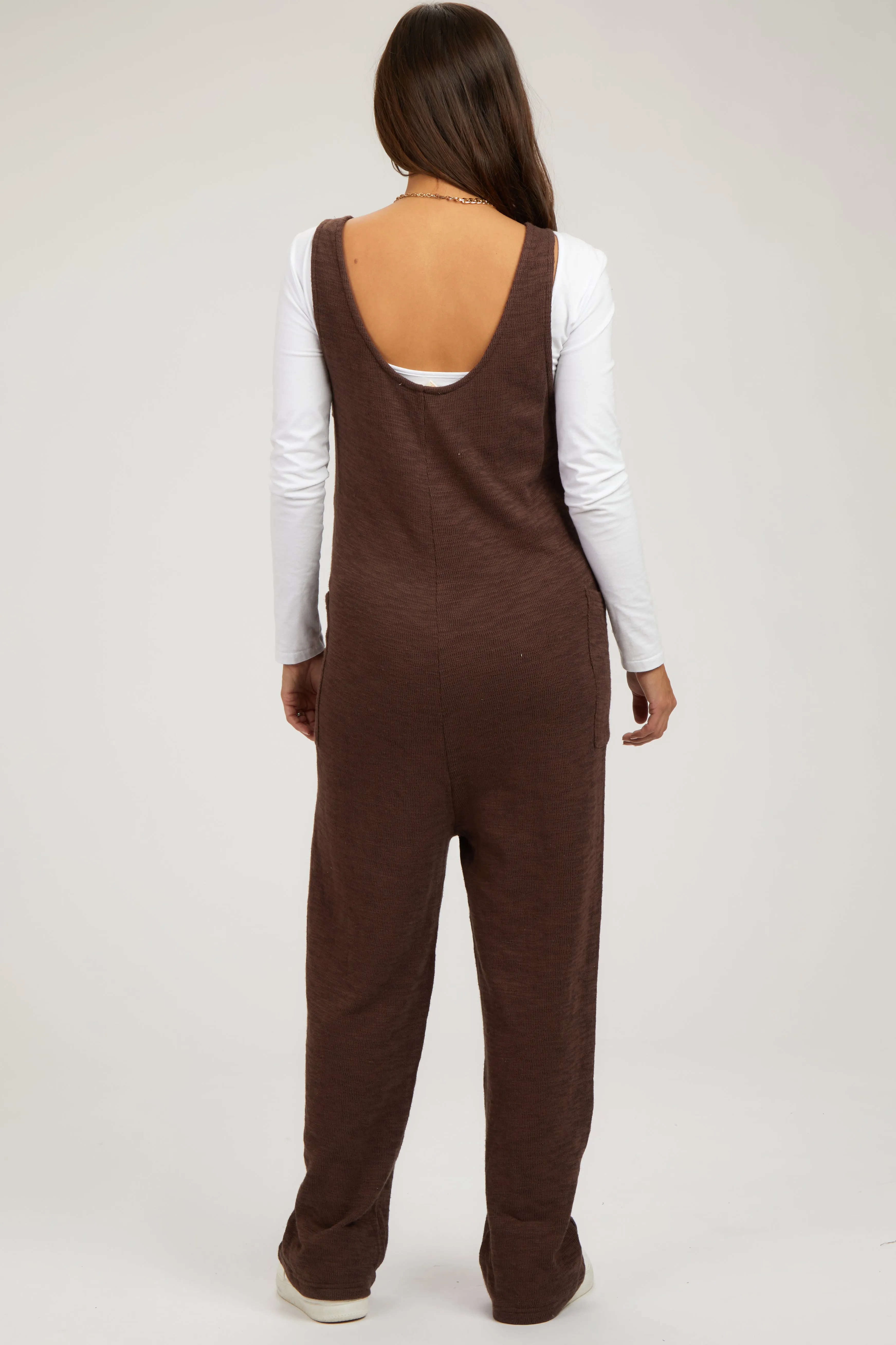 Brown Scoop Neck Sleeveless Maternity Jumpsuit sold by Pinkblush product image thumbnail 3