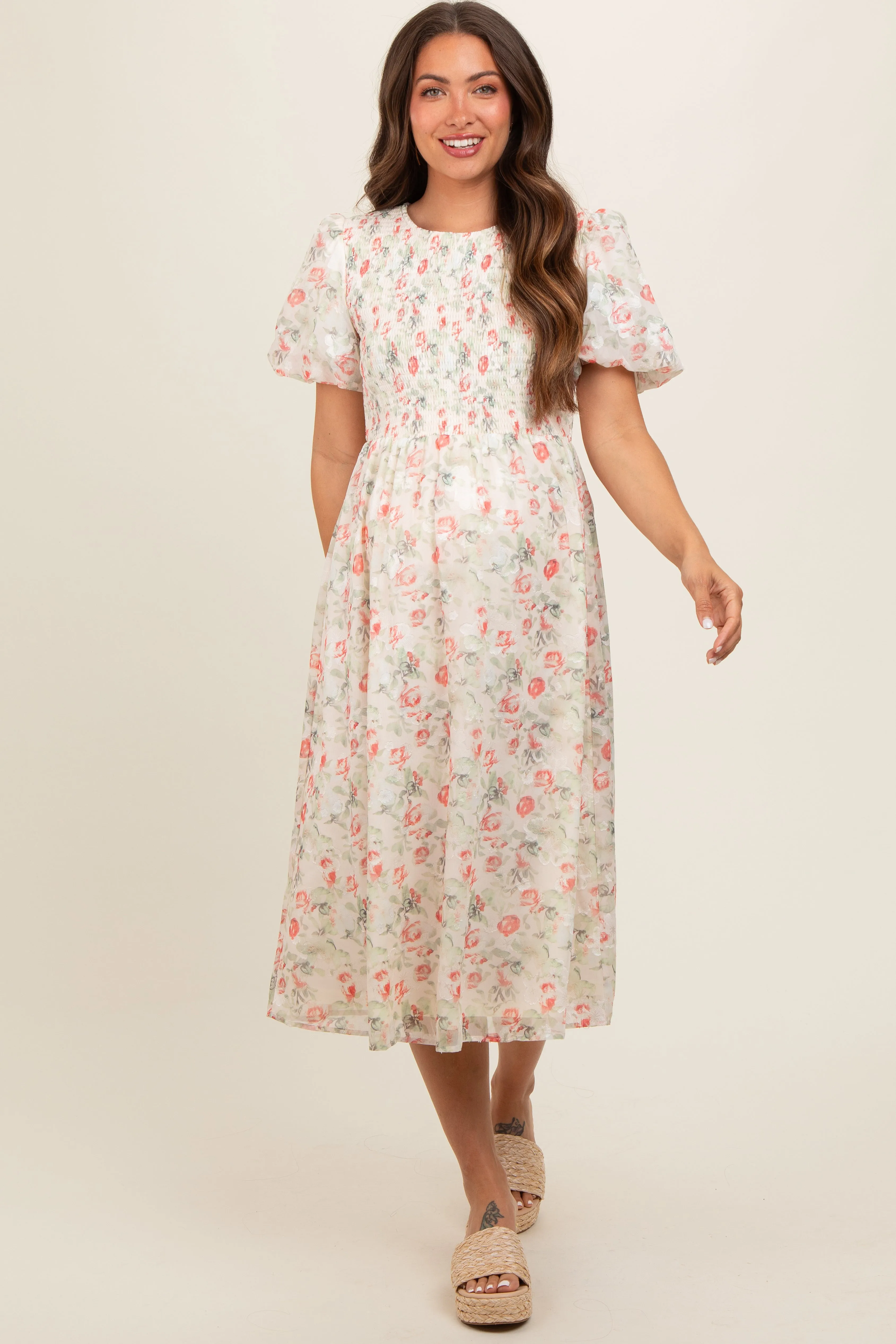 Cream Floral Smocked Puff Sleeve Maternity Midi Dress sold by Pinkblush product image thumbnail 2