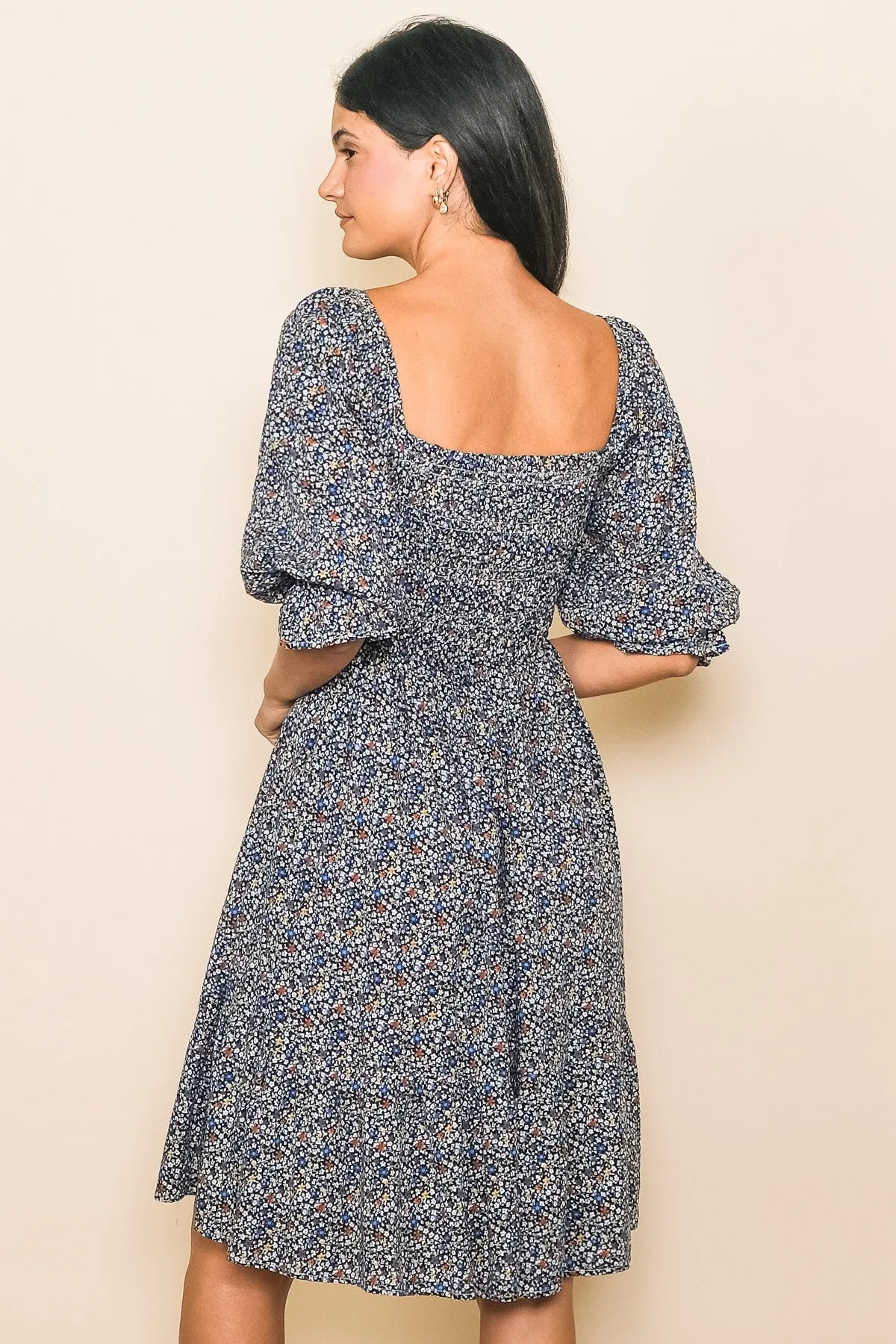 Navy Blue Floral Smocked Dress sold by Pinkblush product image thumbnail 3