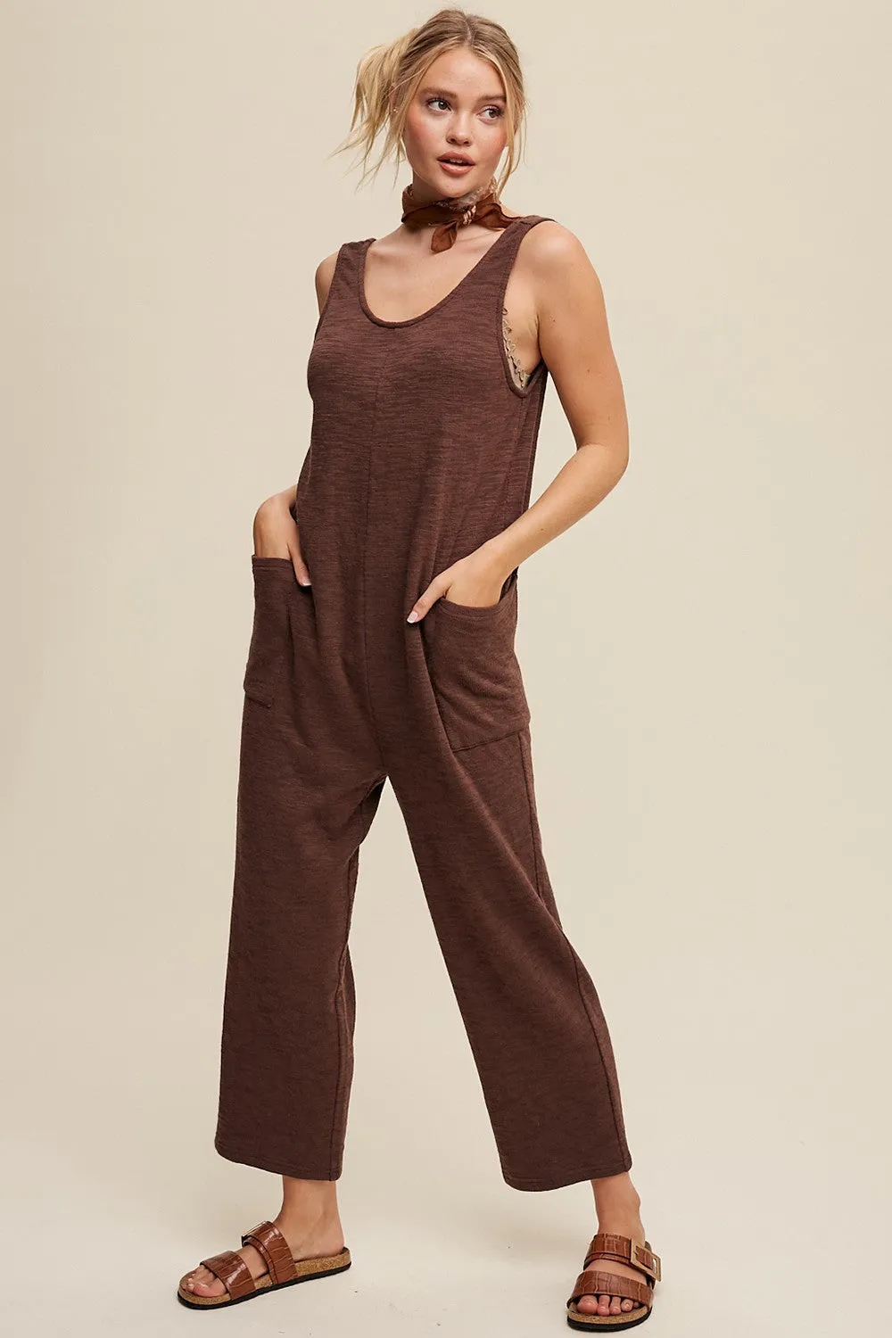 Brown Scoop Neck Sleeveless Maternity Jumpsuit sold by Pinkblush product image thumbnail 4