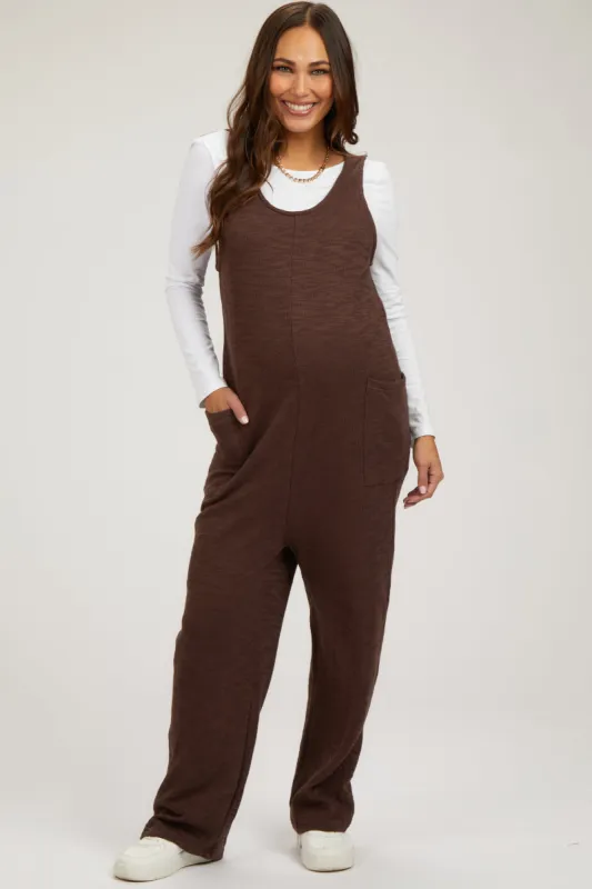 Brown Scoop Neck Sleeveless Maternity Jumpsuit sold by Pinkblush