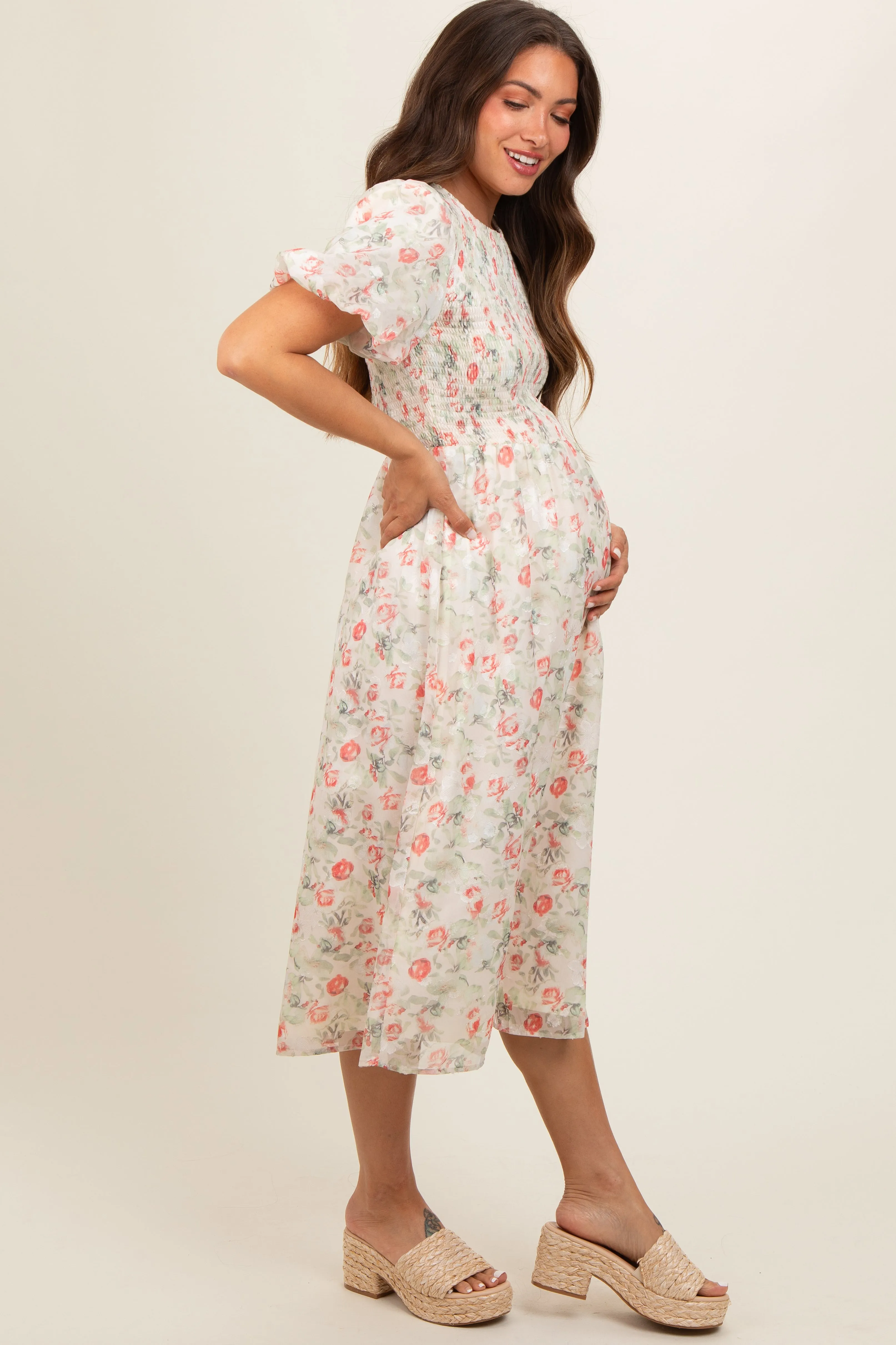 Cream Floral Smocked Puff Sleeve Maternity Midi Dress sold by Pinkblush product image thumbnail 3