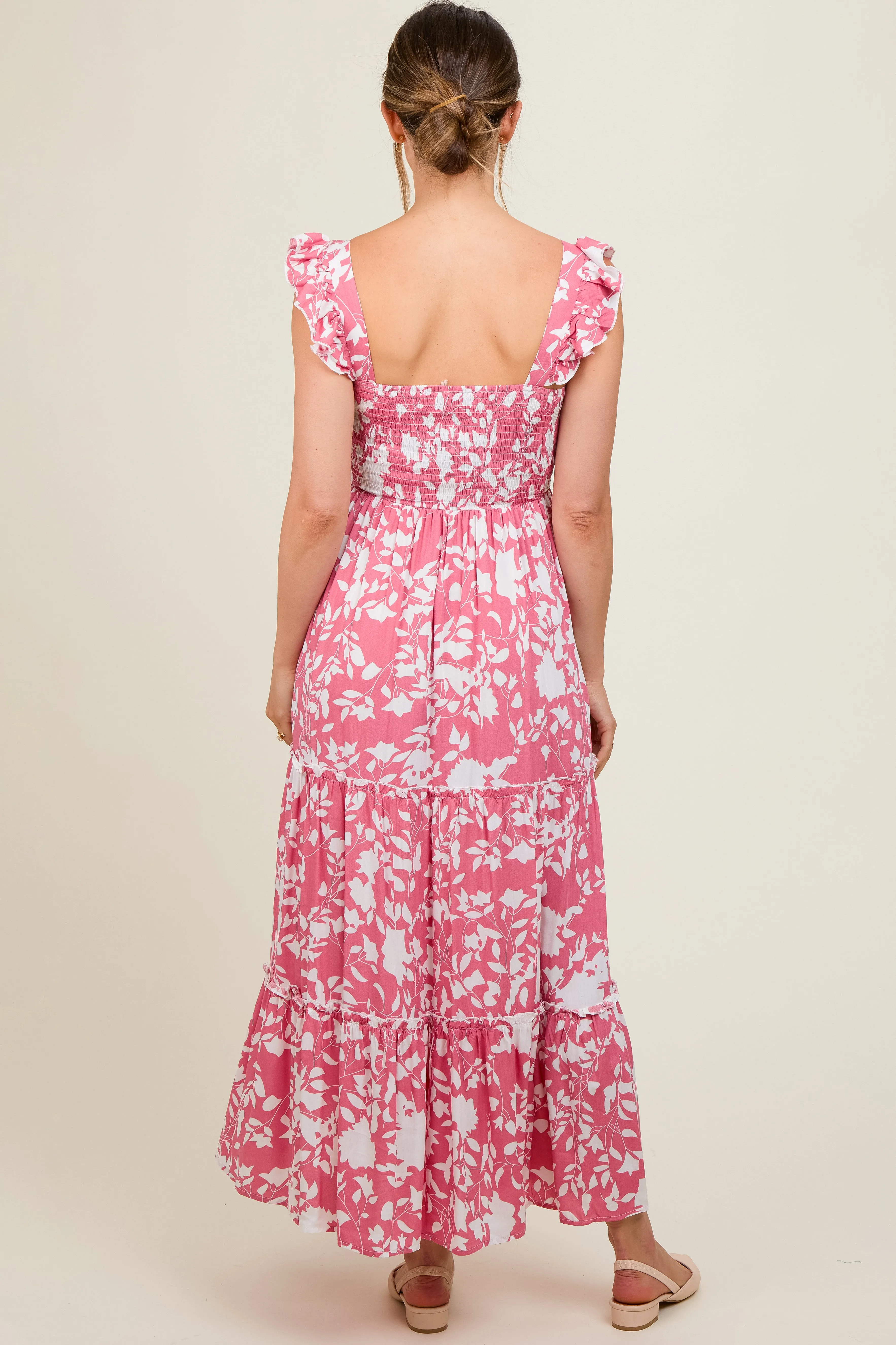 Coral Ruffle Sleeve Tiered Maternity Maxi Dress sold by Pinkblush product image thumbnail 4