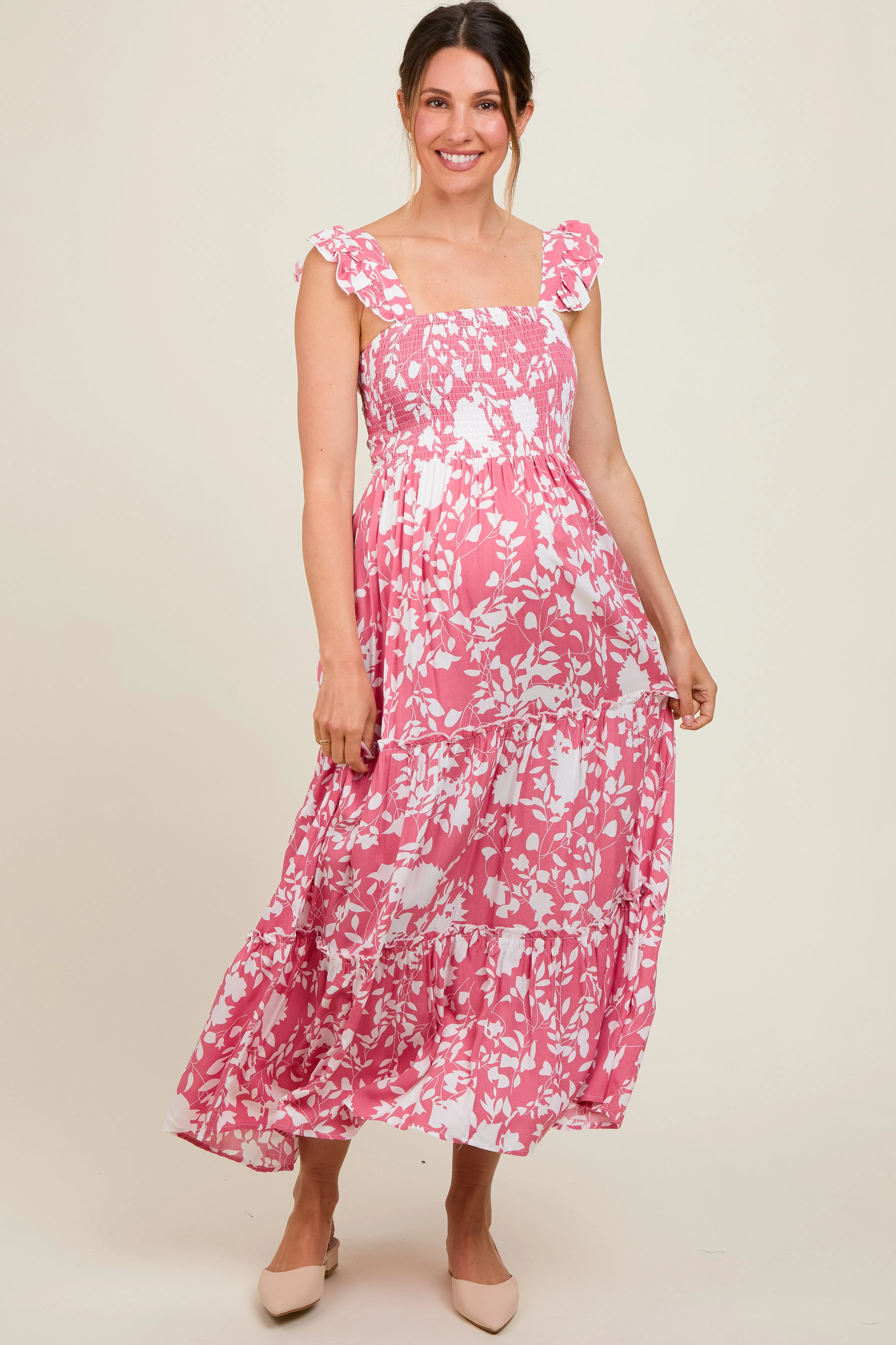 Coral Ruffle Sleeve Tiered Maternity Maxi Dress sold by Pinkblush