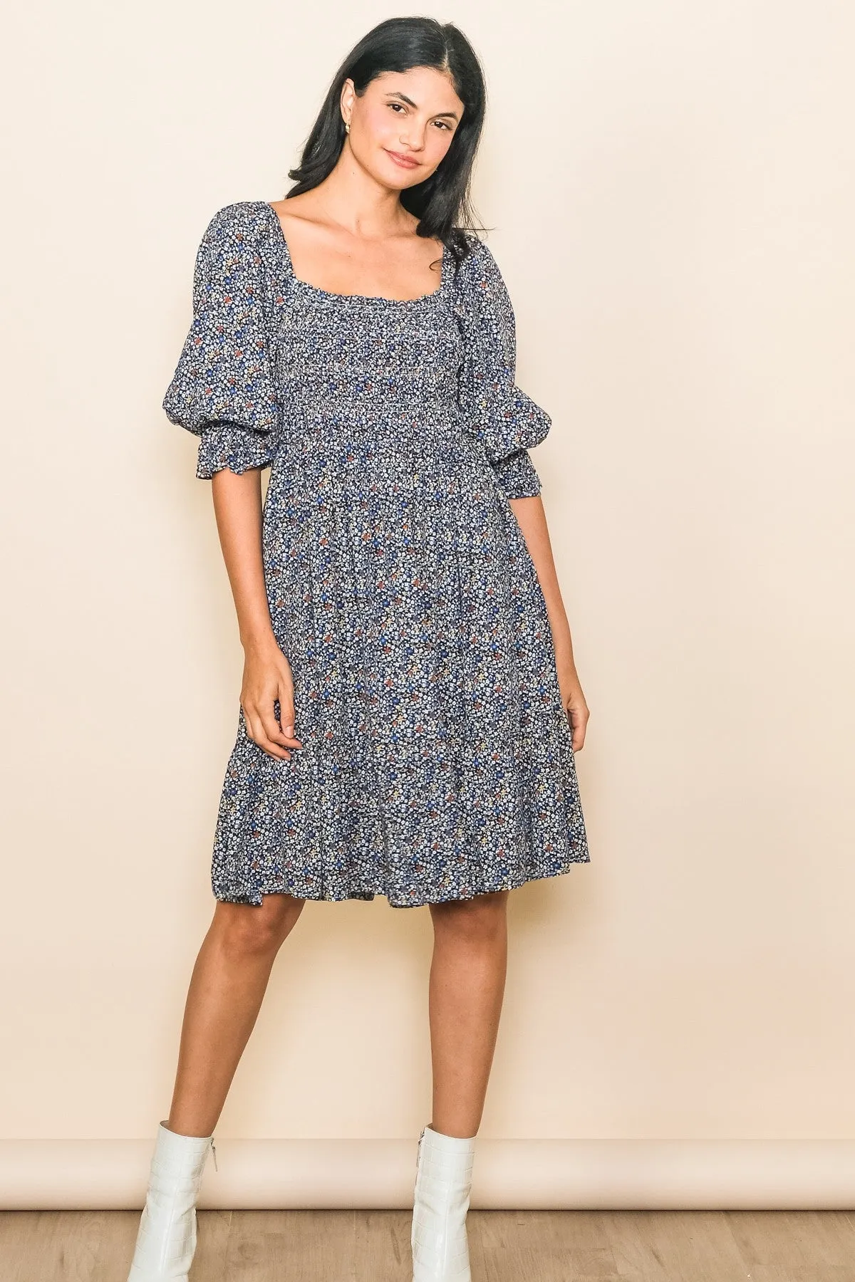 Navy Blue Floral Smocked Dress sold by Pinkblush product image thumbnail 4