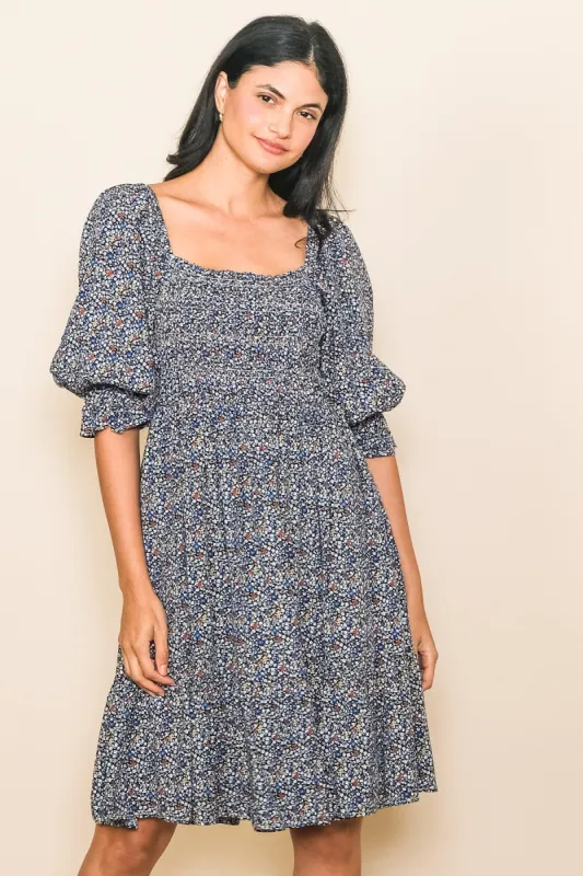 Navy Blue Floral Smocked Dress sold by Pinkblush