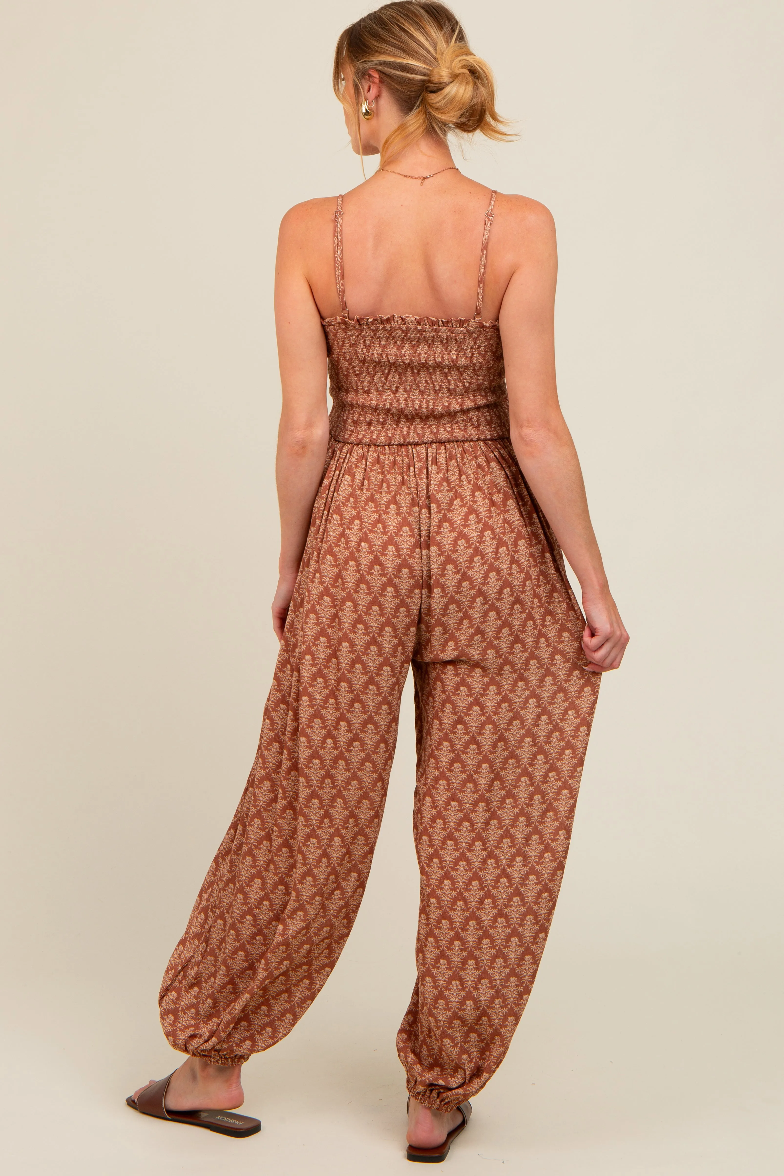 Mocha Damask Smocked Balloon Leg Maternity Jumpsuit sold by Pinkblush product image thumbnail 3