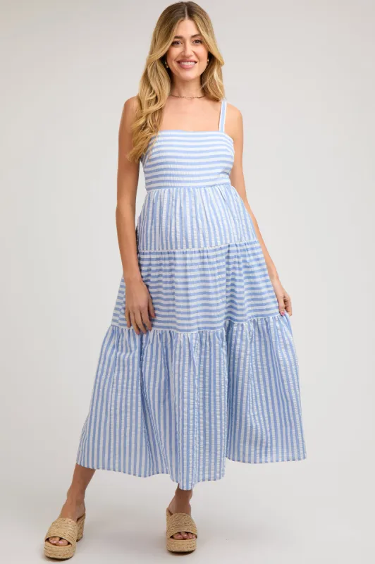 Blue Striped Sleeveless Tiered Maternity Maxi Dress sold by Pinkblush