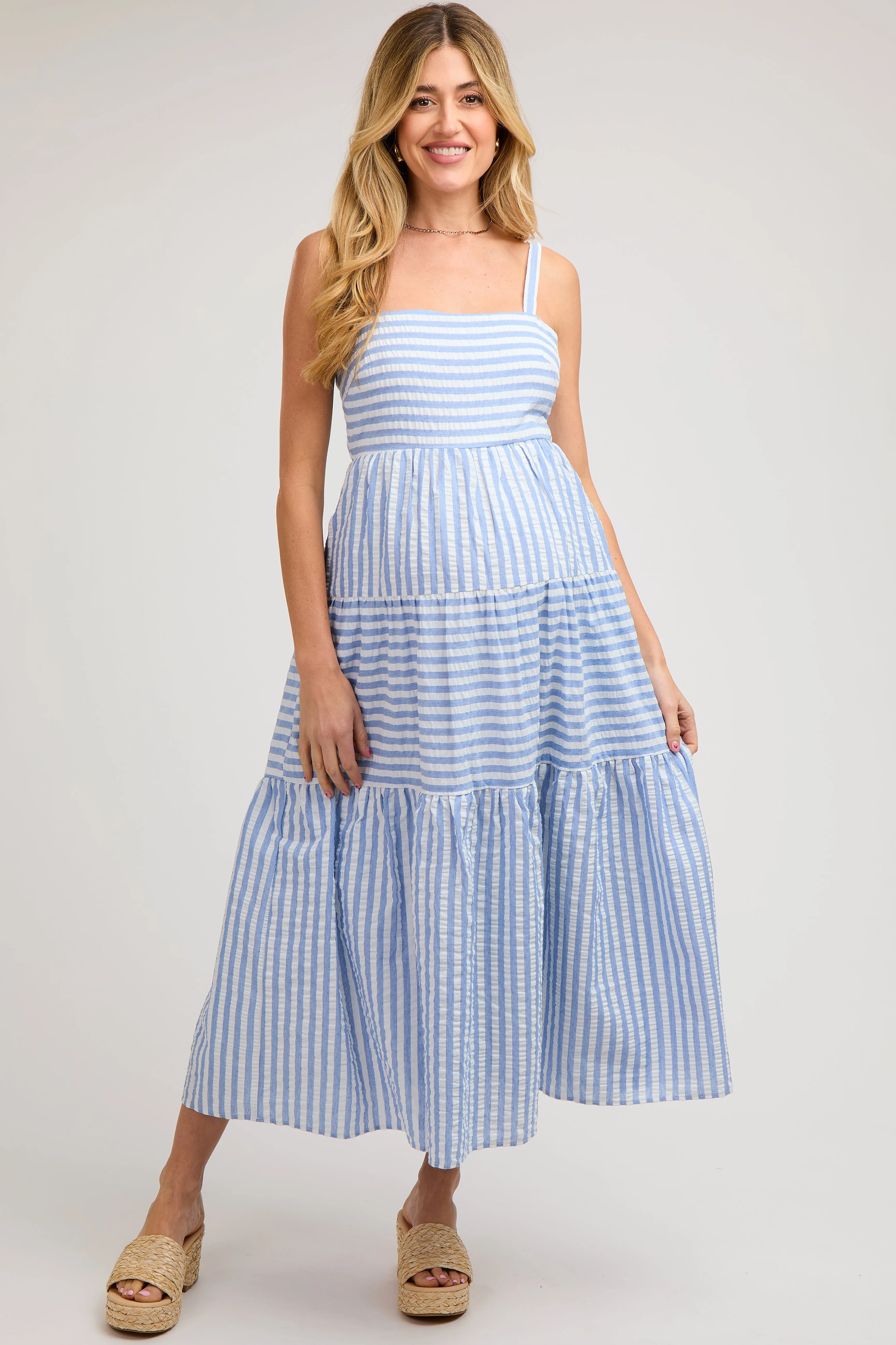 Blue Striped Sleeveless Tiered Maternity Maxi Dress sold by Pinkblush