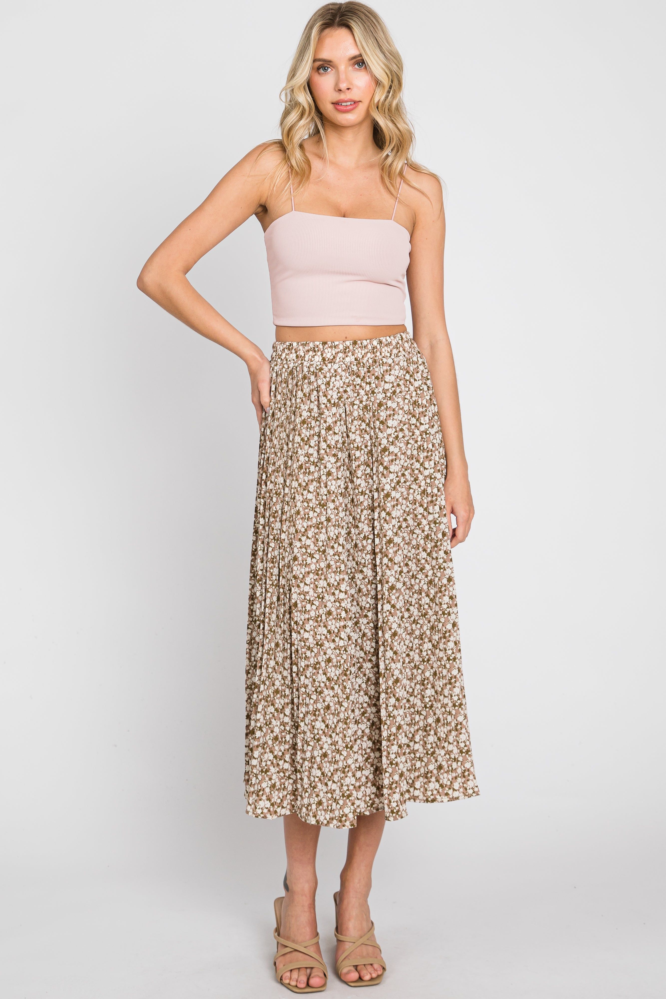 Mauve Floral Pleated Midi Skirt sold by Pinkblush