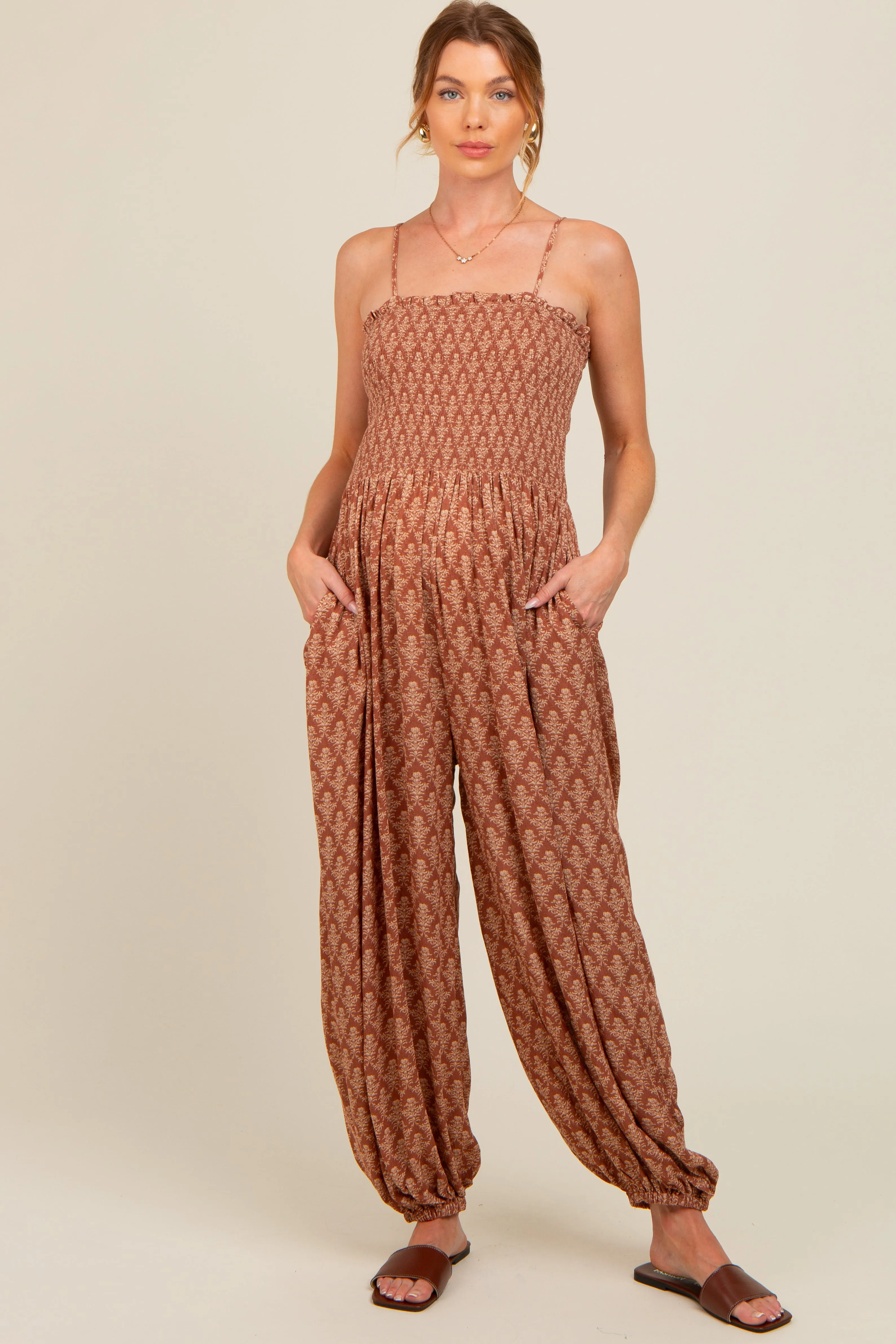 Mocha Damask Smocked Balloon Leg Maternity Jumpsuit sold by Pinkblush