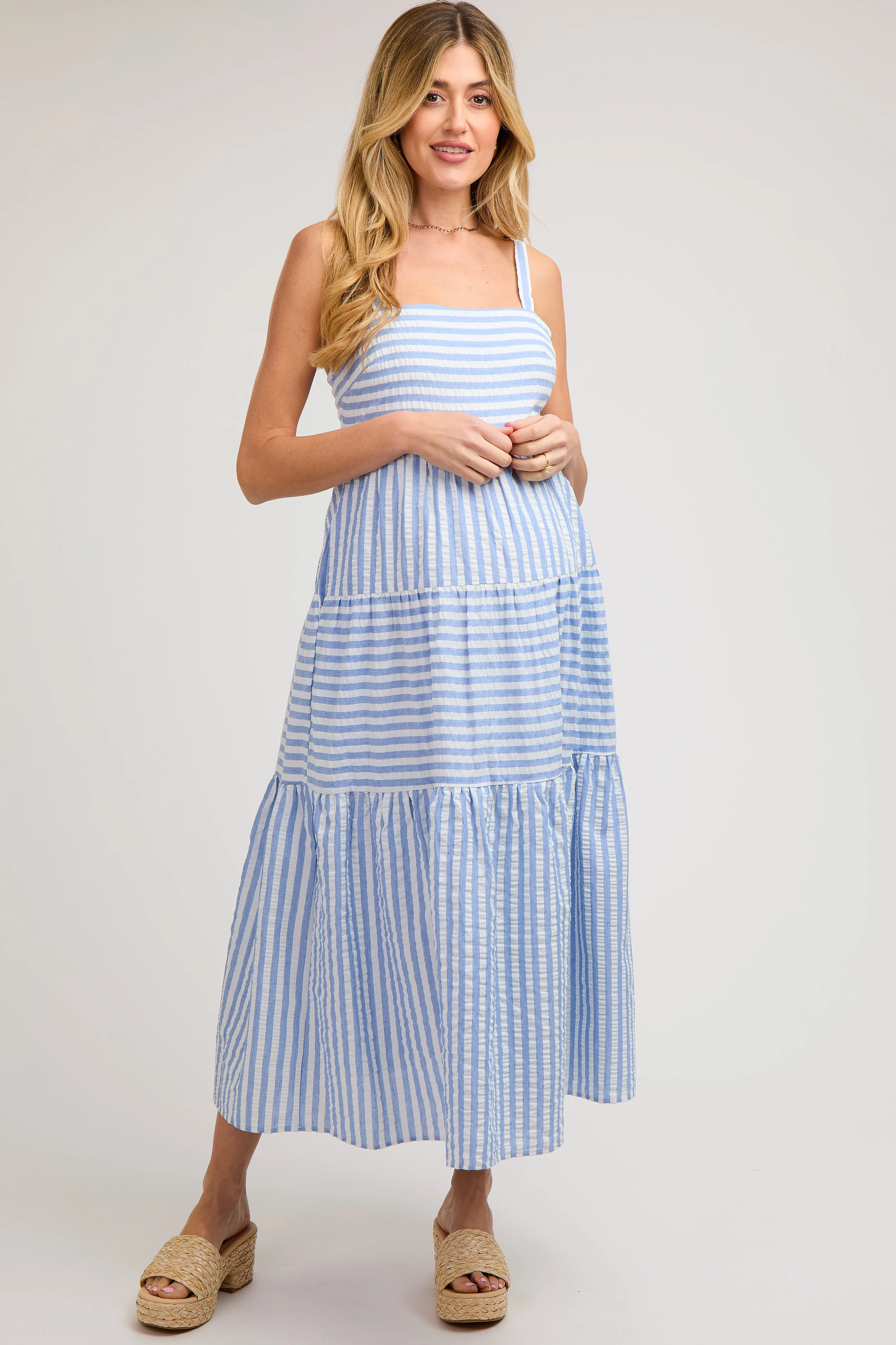 Blue Striped Sleeveless Tiered Maternity Maxi Dress sold by Pinkblush product image thumbnail 2
