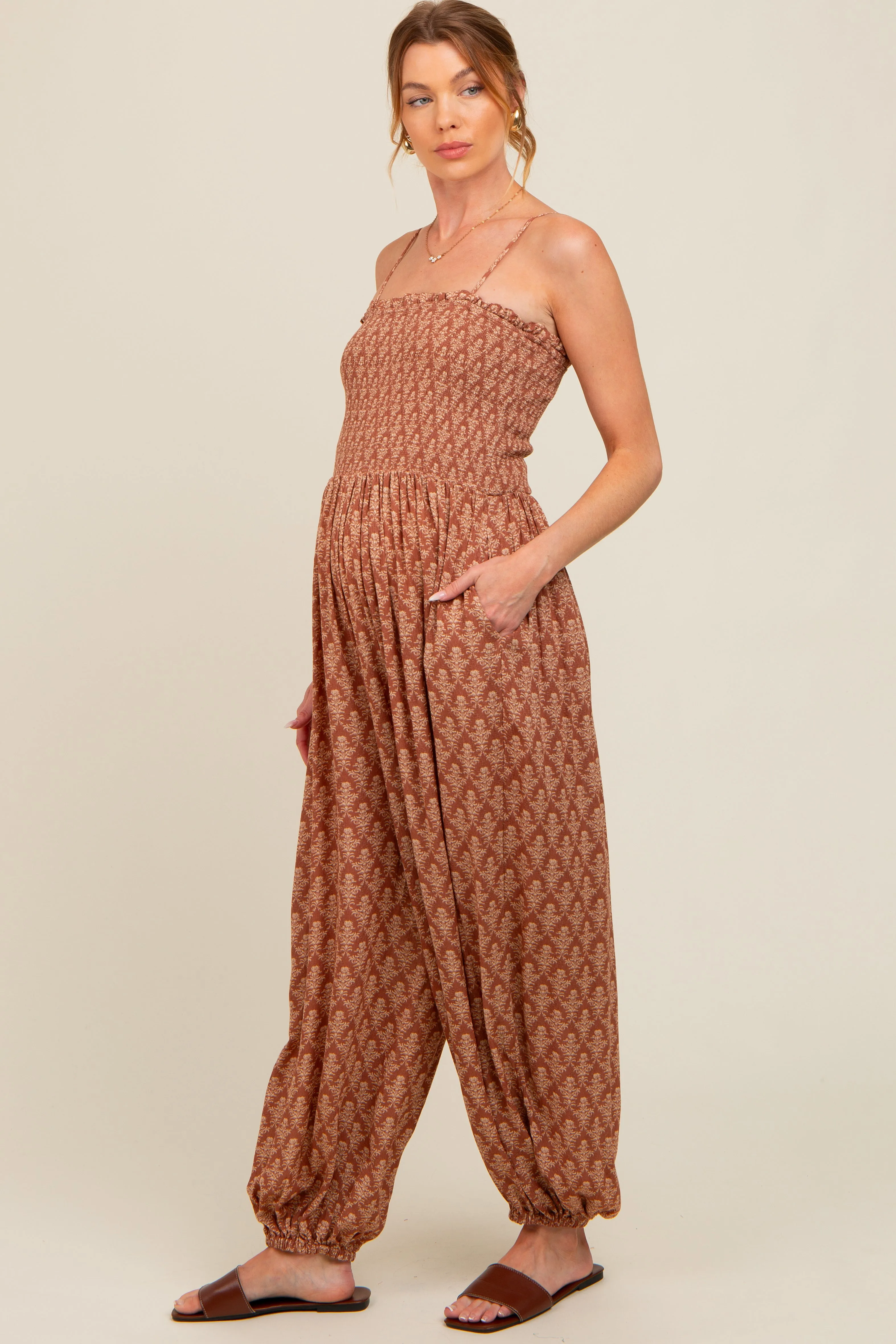Mocha Damask Smocked Balloon Leg Maternity Jumpsuit sold by Pinkblush product image thumbnail 2
