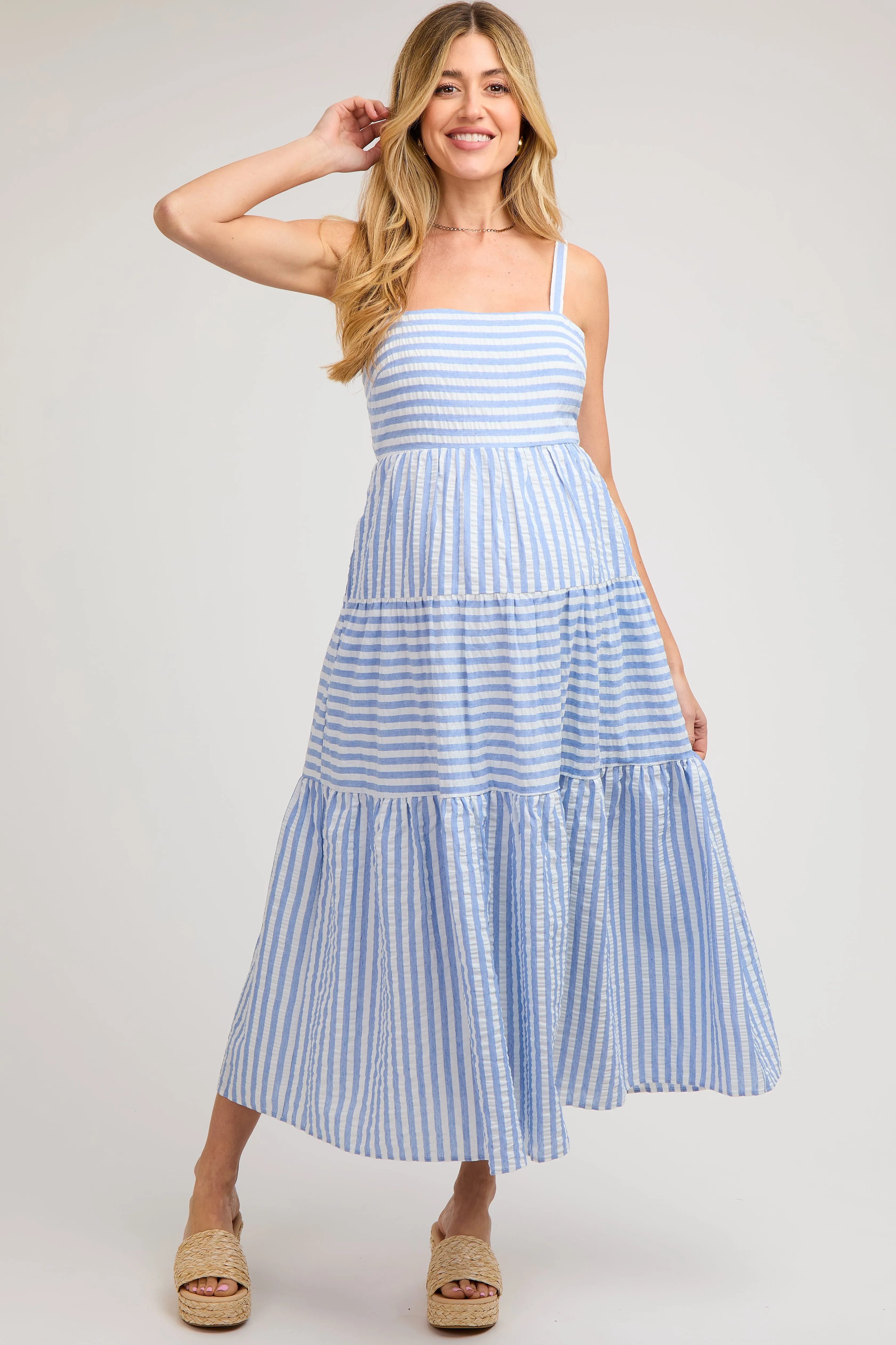 Blue Striped Sleeveless Tiered Maternity Maxi Dress sold by Pinkblush product image thumbnail 3