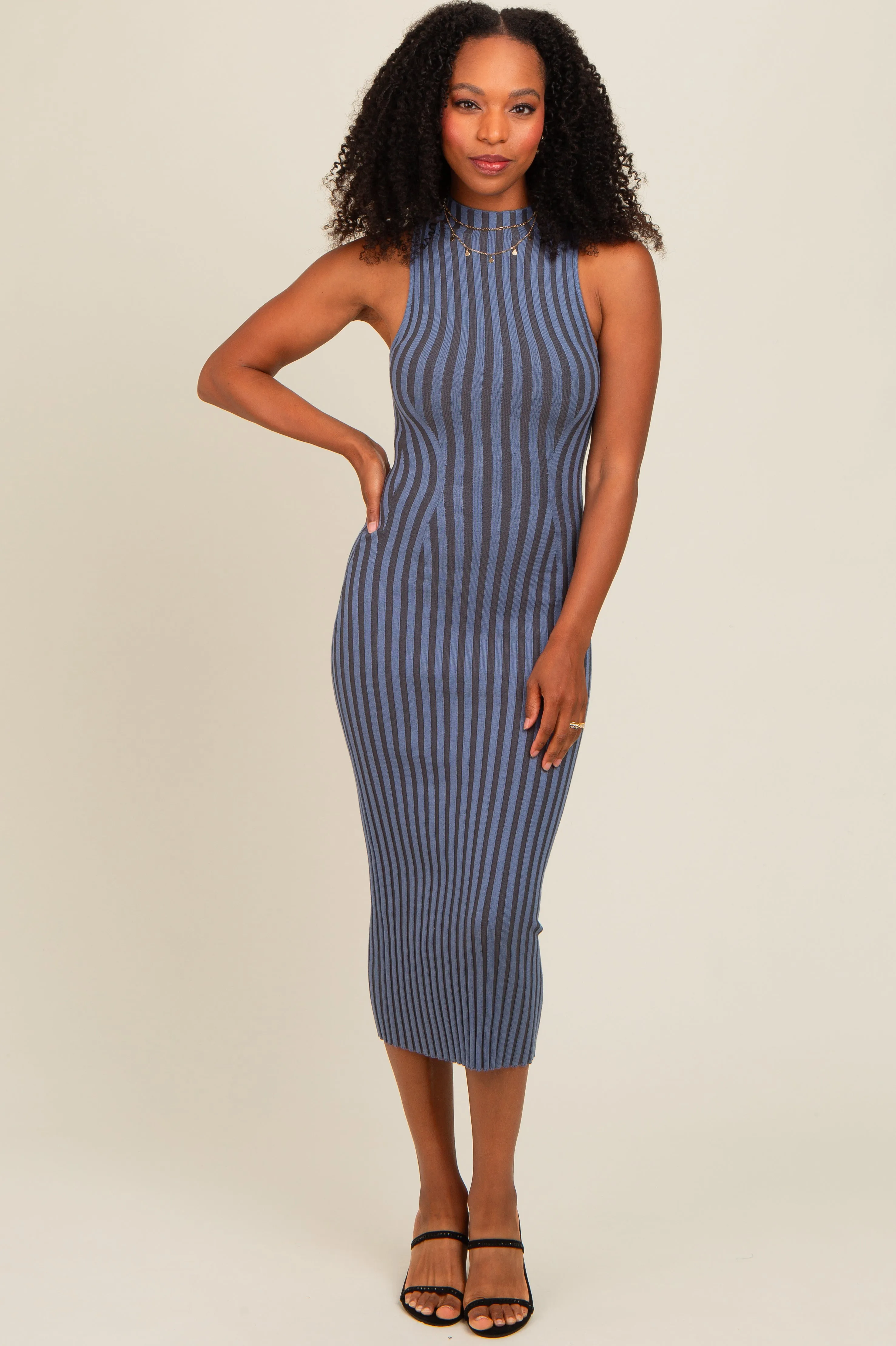 Blue Ribbed Knit Mock Neck Fitted Dress sold by Pinkblush