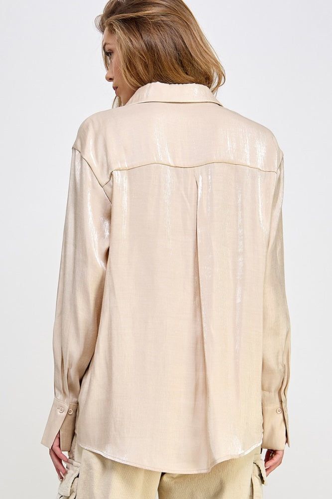 Beige Shimmer Satin Button Up Long Sleeve Blouse sold by Pinkblush product image thumbnail 3