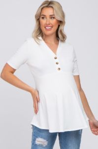 Ivory Ribbed Button Accent Maternity Blouse sold by Pinkblush