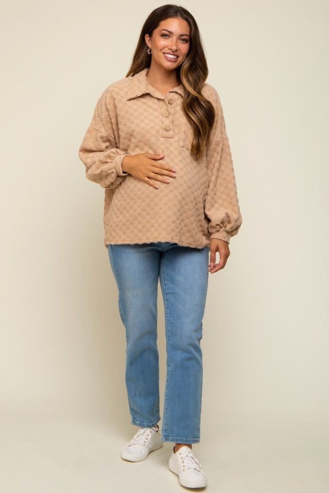 Taupe Fuzzy Checkered Button Front Maternity Top sold by Pinkblush