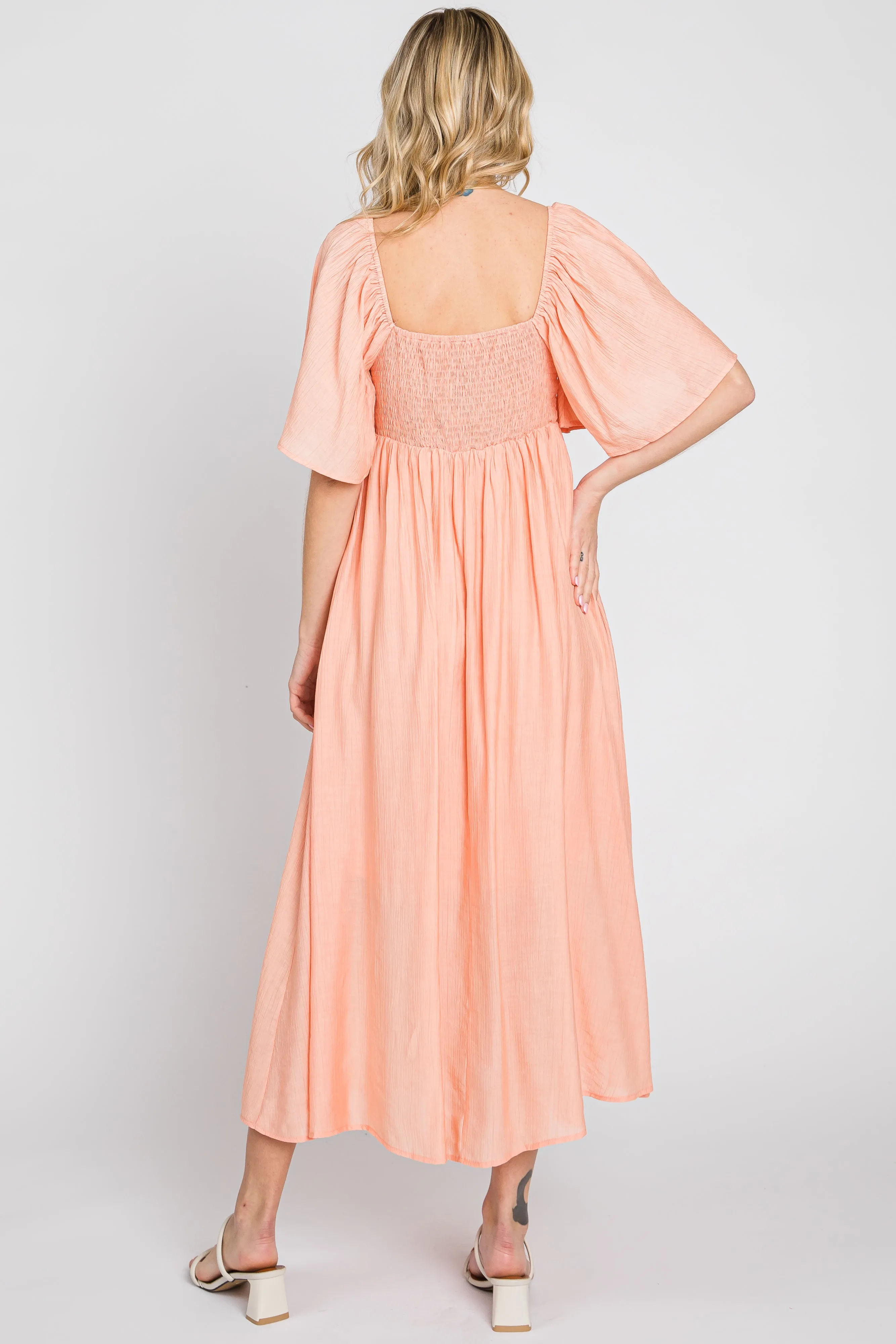 Peach Front Tie Ruffle Sleeve Midi Dress sold by Pinkblush product image thumbnail 4