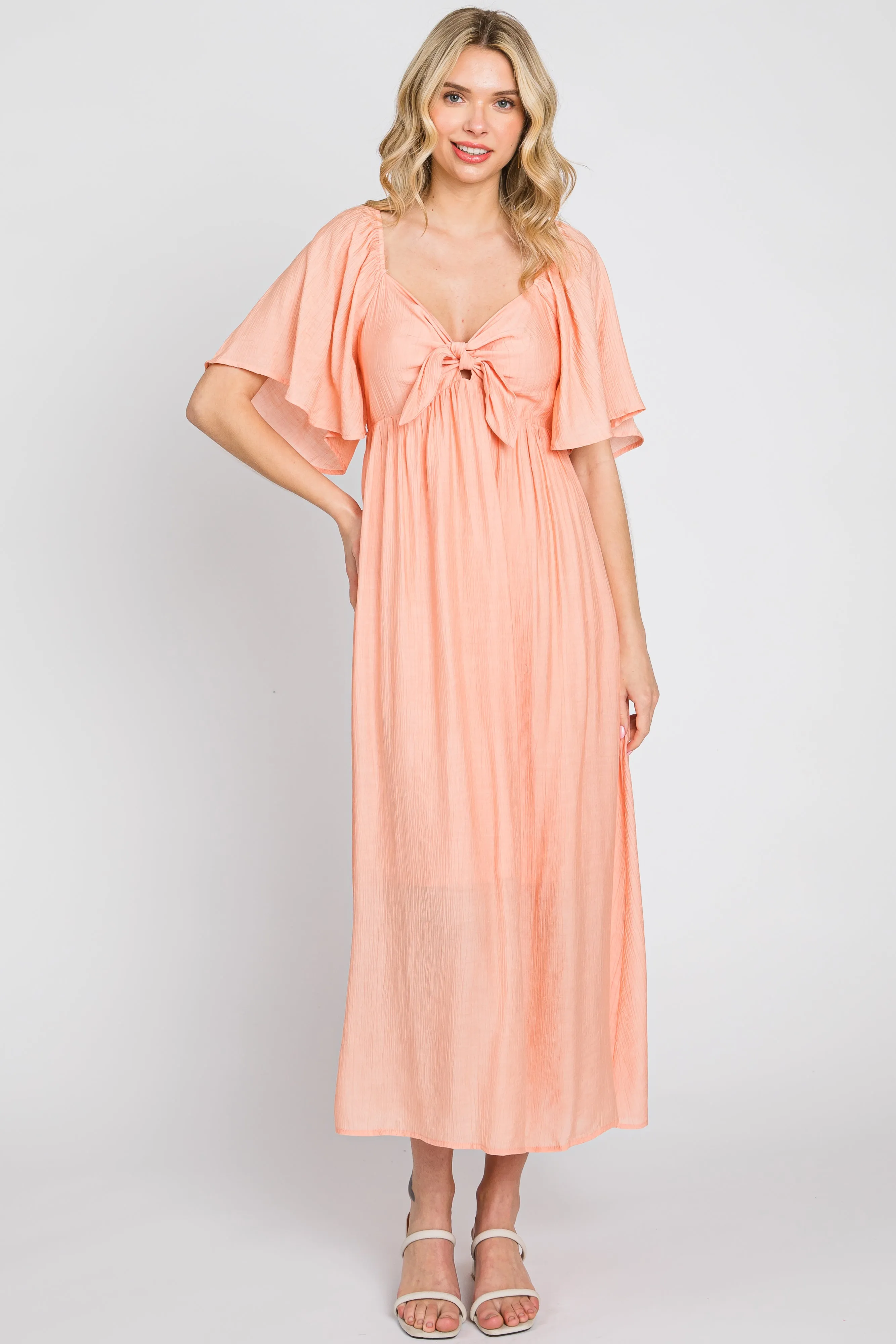 Peach Front Tie Ruffle Sleeve Midi Dress sold by Pinkblush