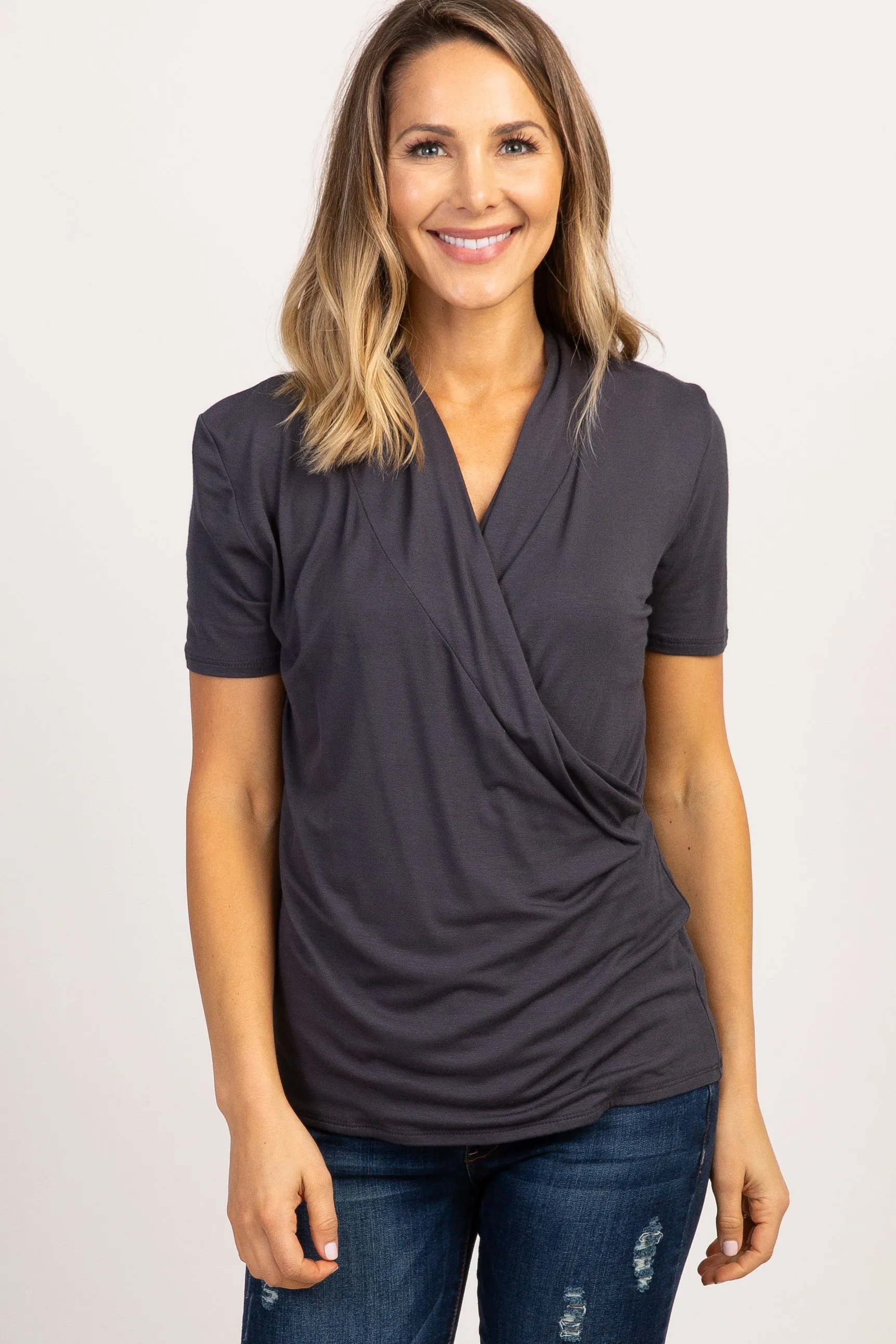Charcoal Solid Short Sleeve Wrap Front Nursing Top sold by Pinkblush