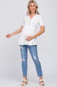 Ivory Ribbed Button Accent Maternity Blouse sold by Pinkblush